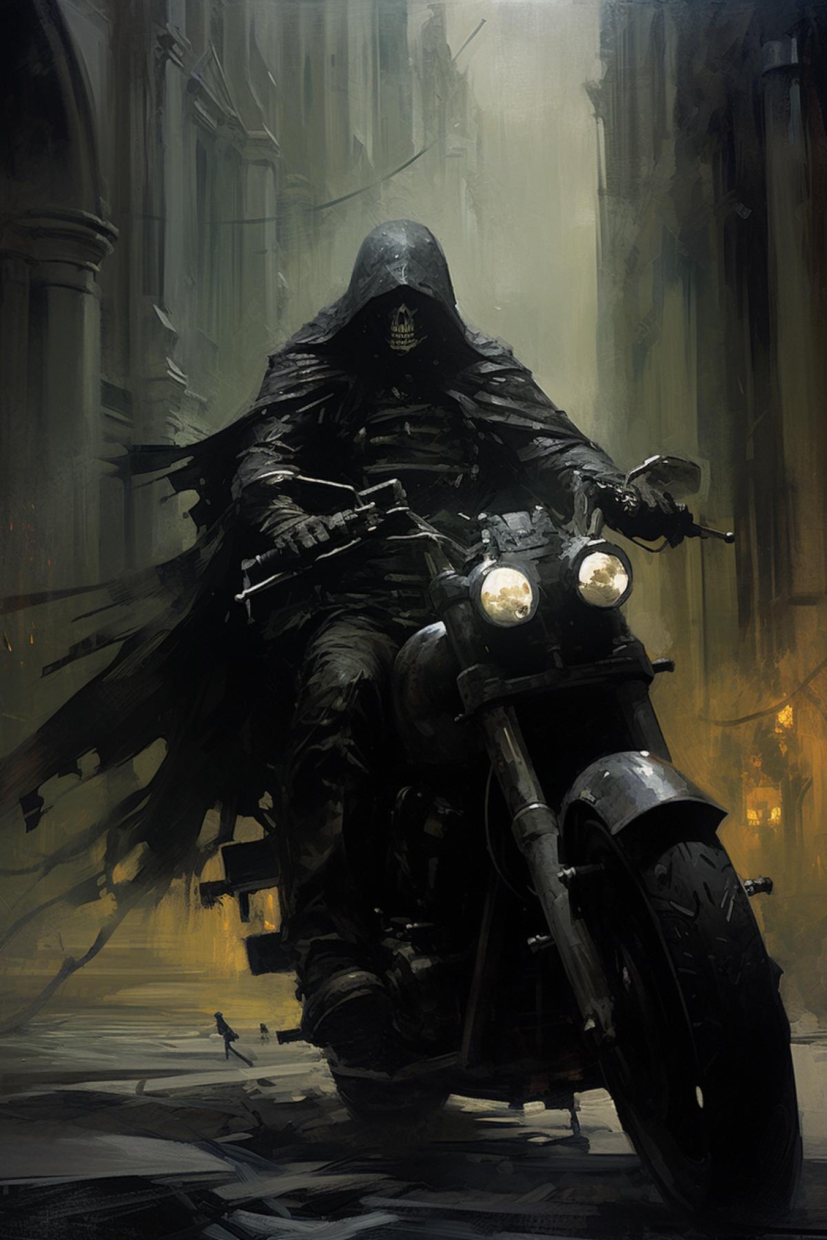 Beautiful Impressionist painting of a dark dramatic Darthvader on a Harley Davidson Chopper Bike, dreamy surrealism, fantasy, Fusion between Jeremy Mann and Jean-Baptiste Monge and Daniel F Gerhartz, aaron griffin, Long shot