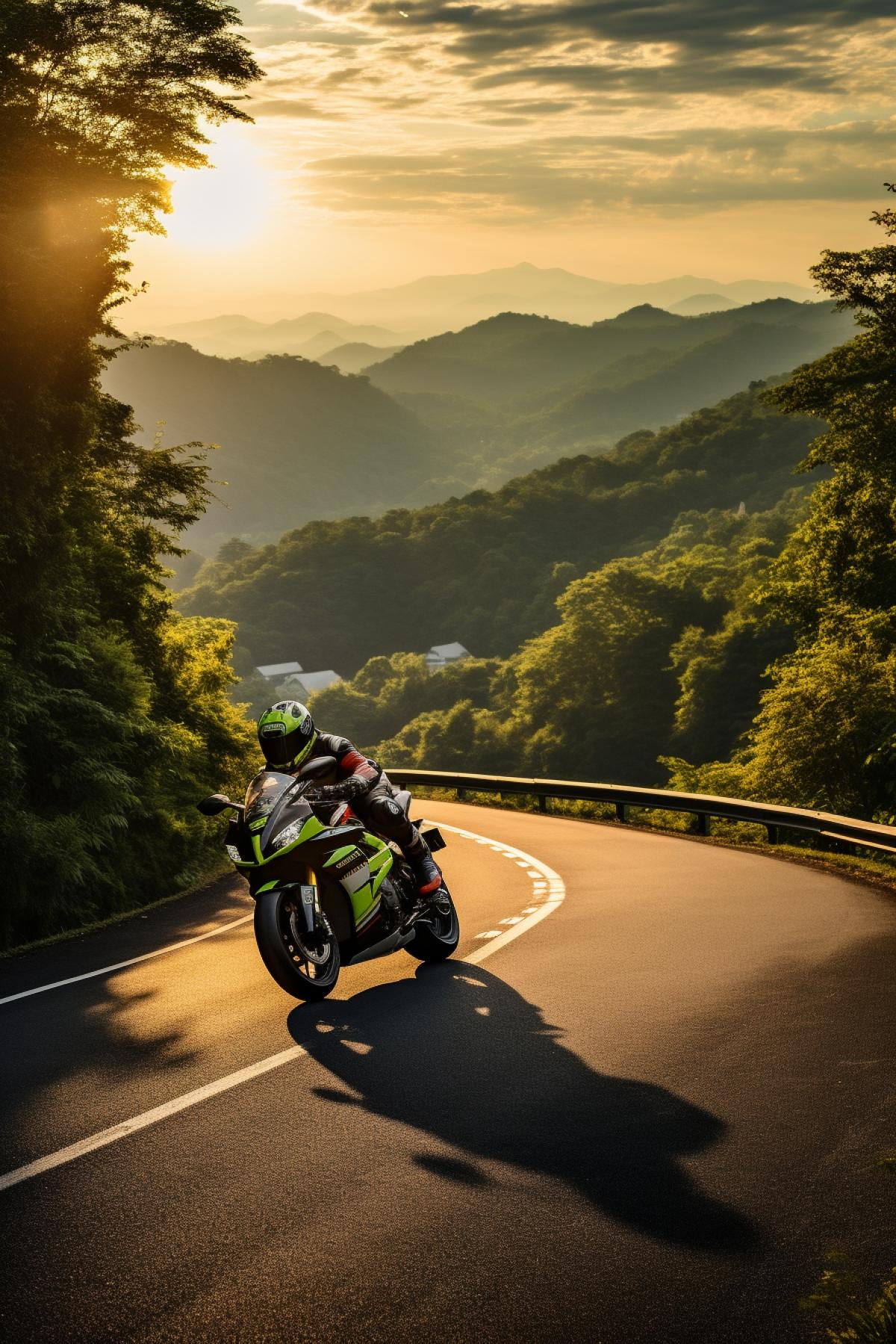 race: Aerial view, winding road, lush green landscapes, vintage motorcycle, modern superbike, exhilaration, danger, legacy, golden hour, vibrant hues, strong contrast, shallow depth of field, Leica M10-P, 35mm Summilux lens, f/2.8, ISO 200, speed thrill