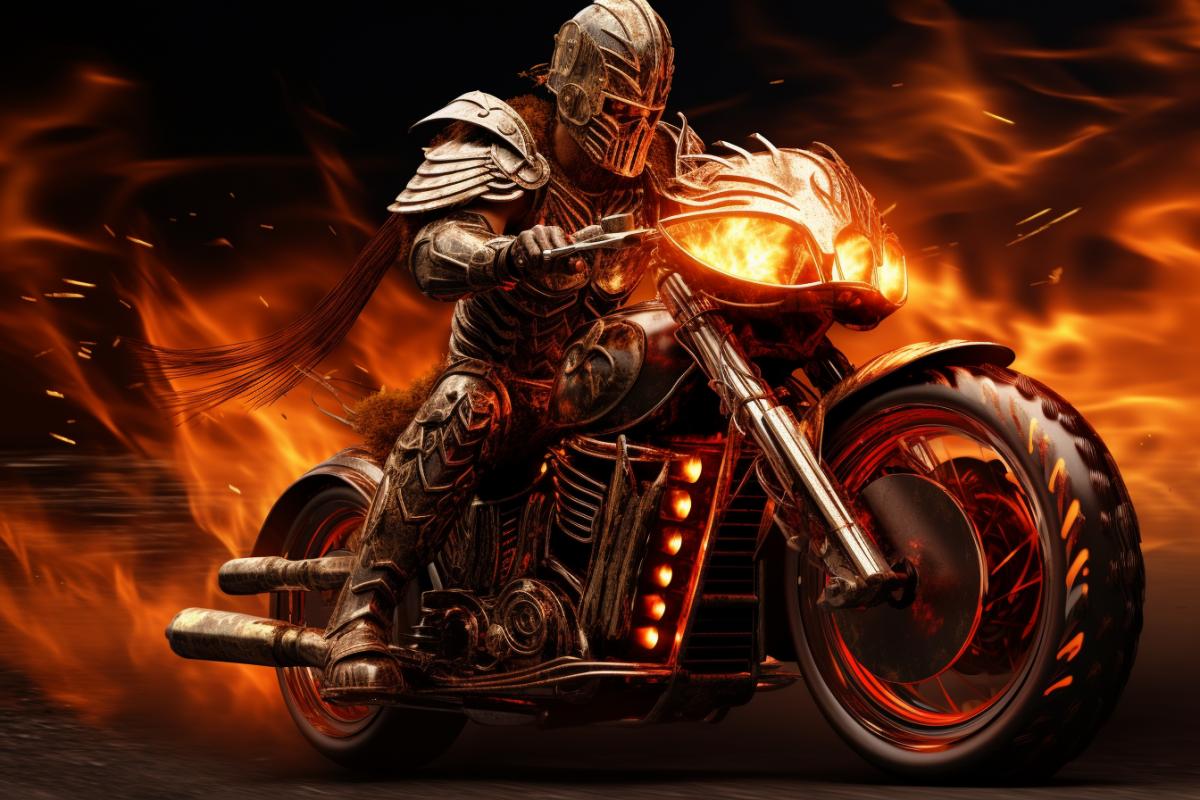Roman centurion, plumed helmet on a motorbike, graphic noval, flaming, high detail, high definition