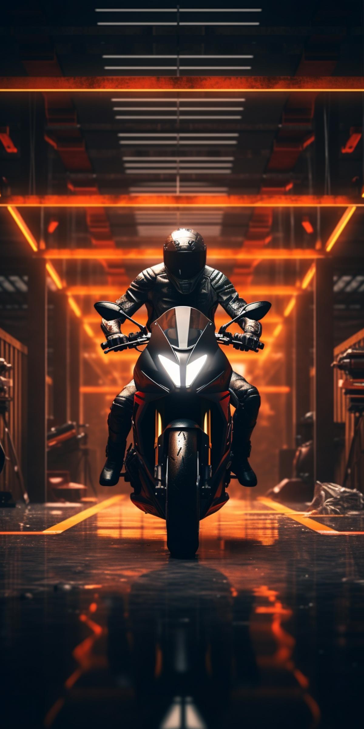 a person riding a motorcycle in a garage, a stock photo by James Ballantine, featured on cgsociety, pan futurism, dark background, redshift, reimagined by industrial light and magic