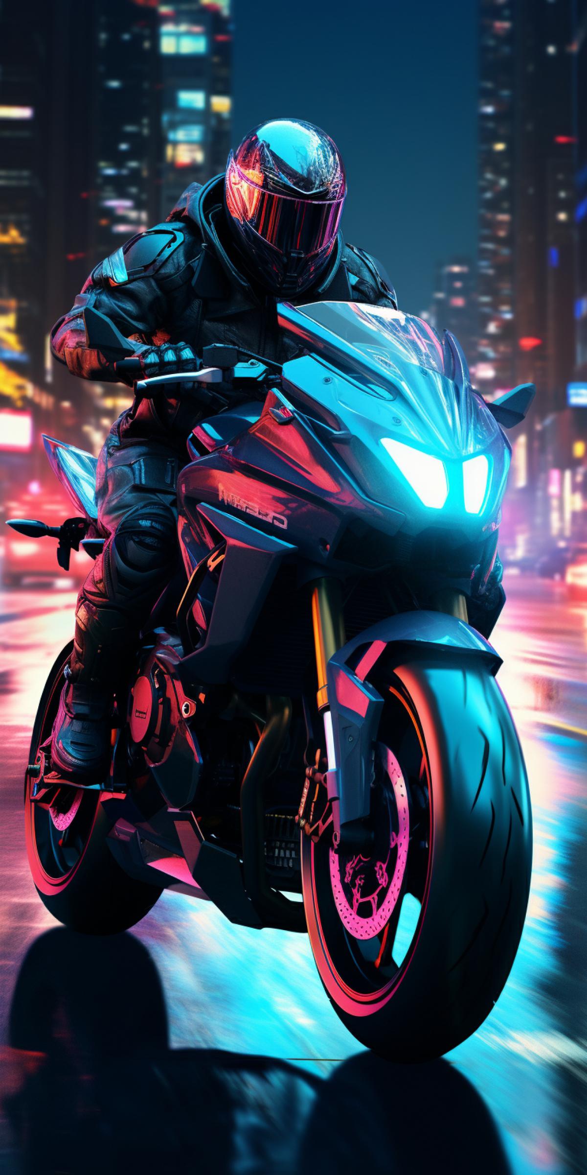 a person riding a motorcycle on a road at night, cyberpunk art by Mike Winkelmann, trending on cg society, space art, sci-fi, future tech, glowing neon