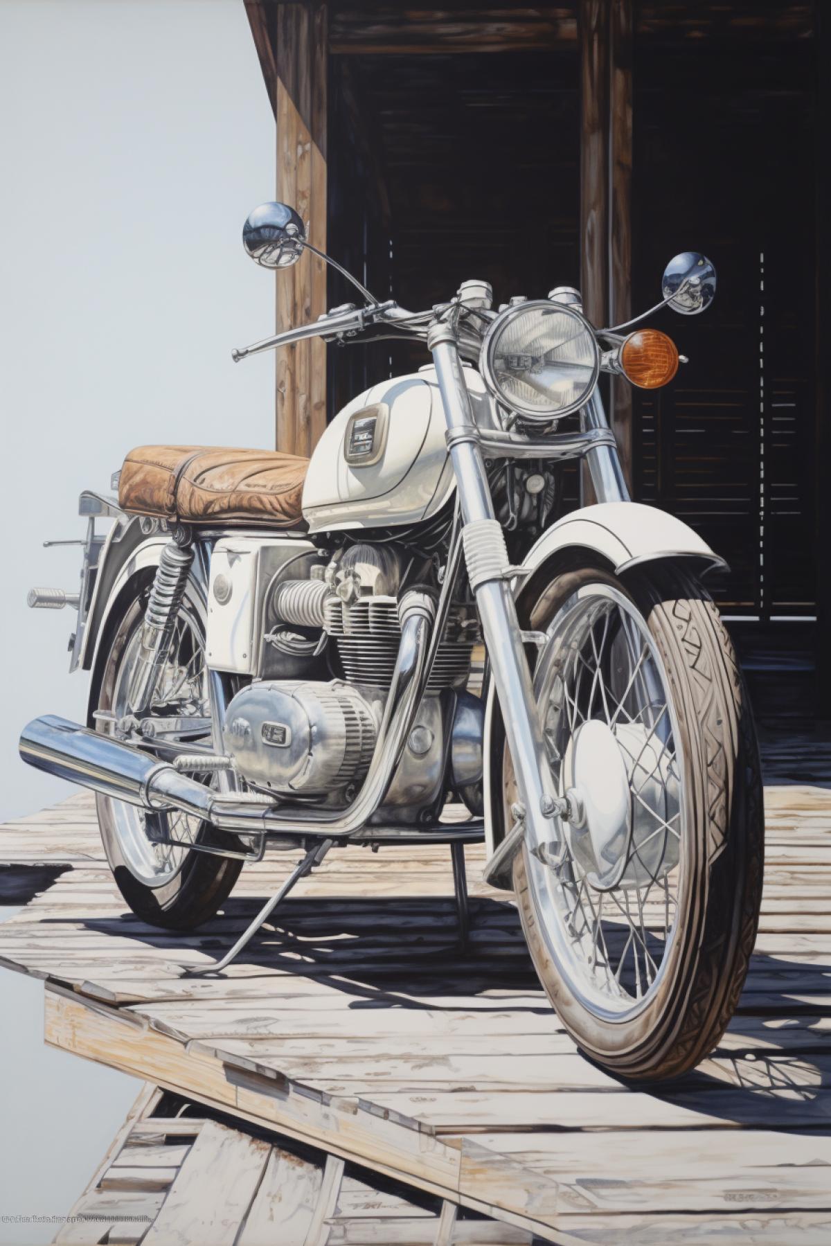 a white motorcycle parked on top of a wooden platform, a photorealistic painting by Stefan Lochner, instagram contest winner, photorealism, white background, matte background, made of liquid metal