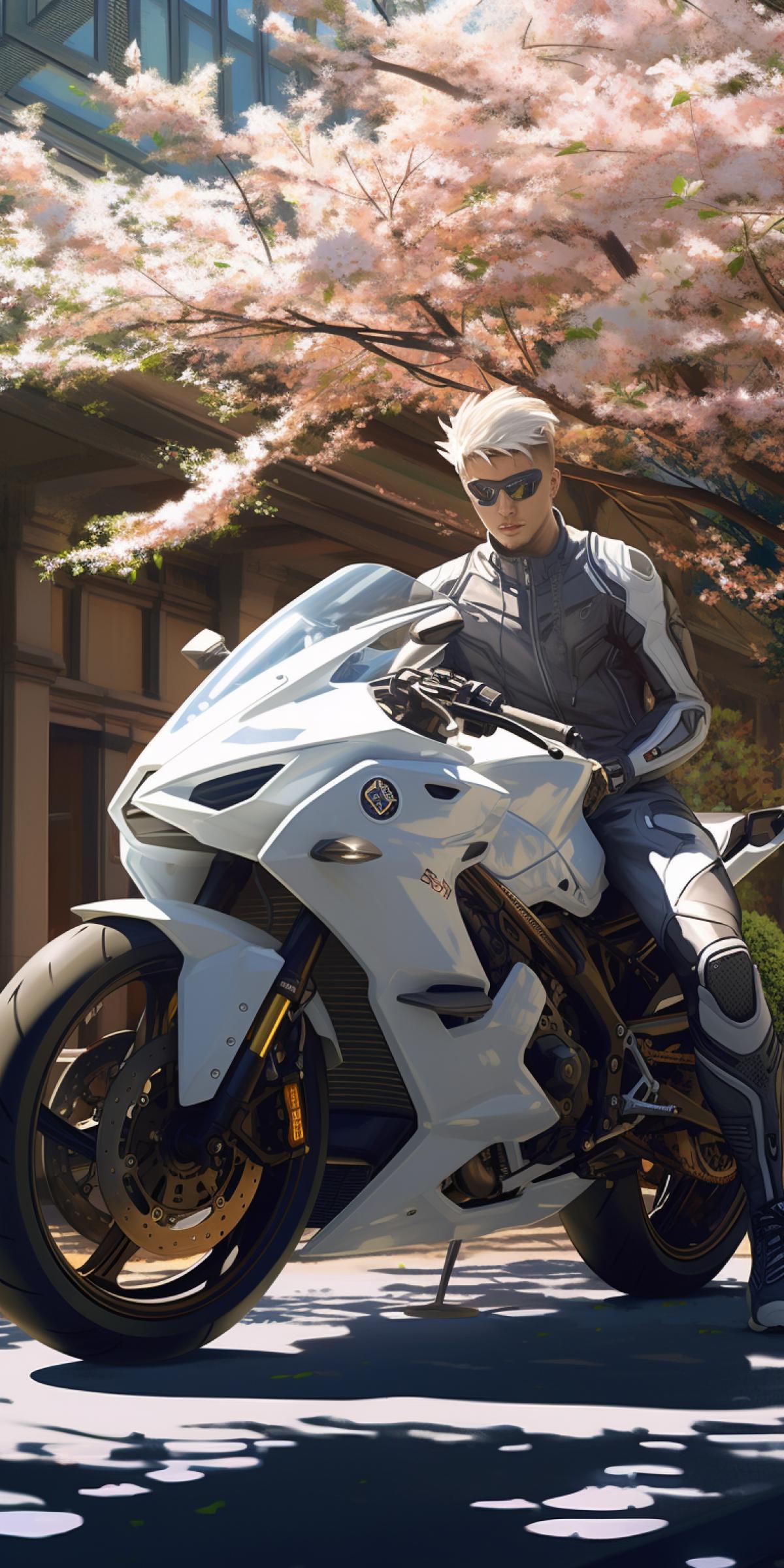 electric powered motorcycle parked outside in a courtyard, hot blazing sunny day with a man wearing white fashioned clothing in the foreground, cherry blossum tree, light rays, bike design, transportation design, futuristic art deco