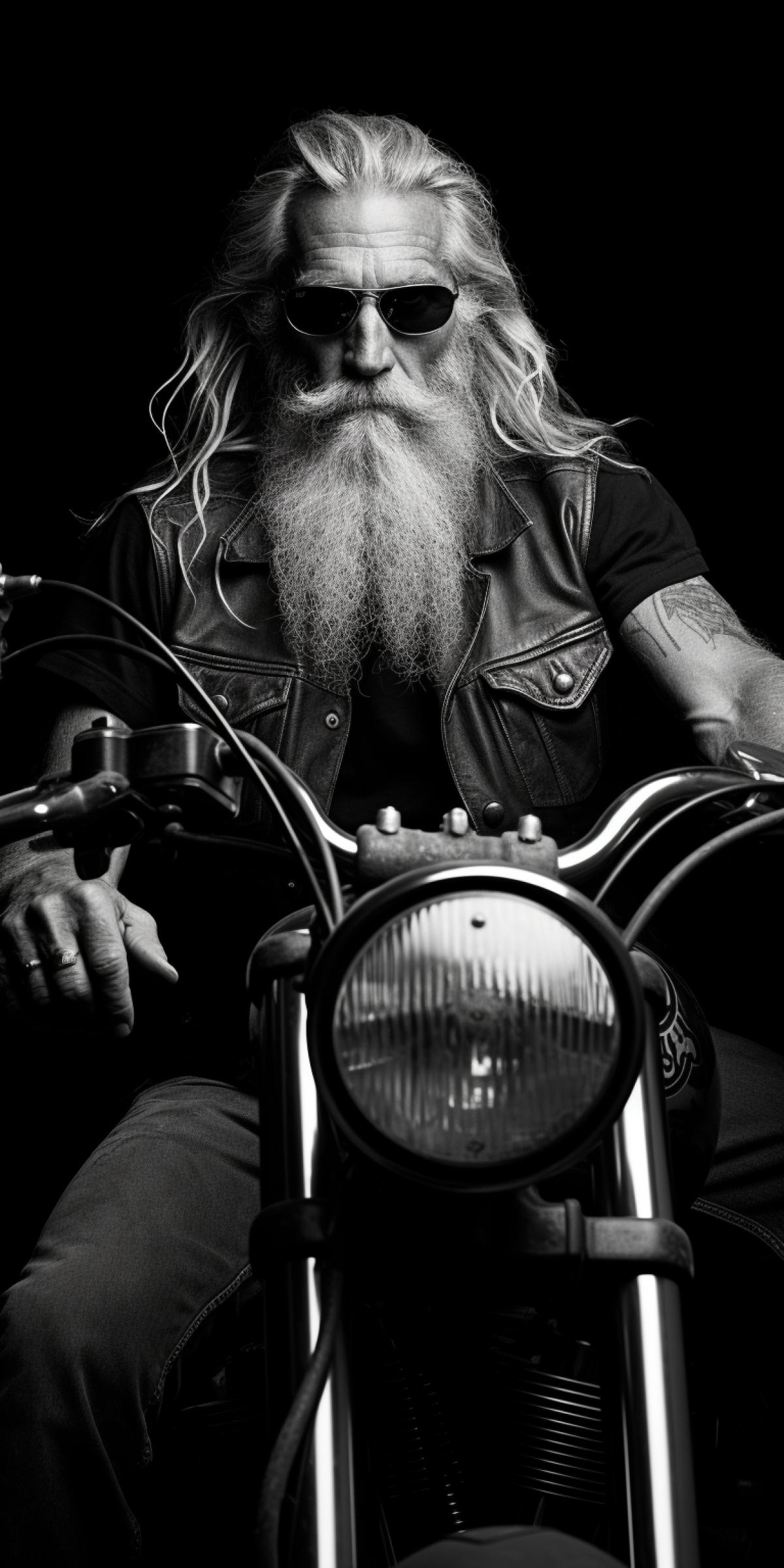 A very courageous old man on a retro motorcycle, in full growth, dark and white photo, competition work