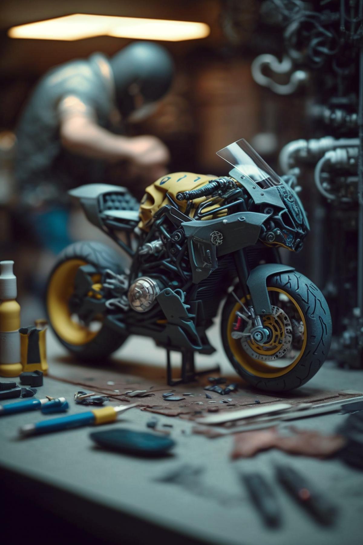 The perfect motorcycle model 1:49 on the table, among the models of Lego houses:: photo