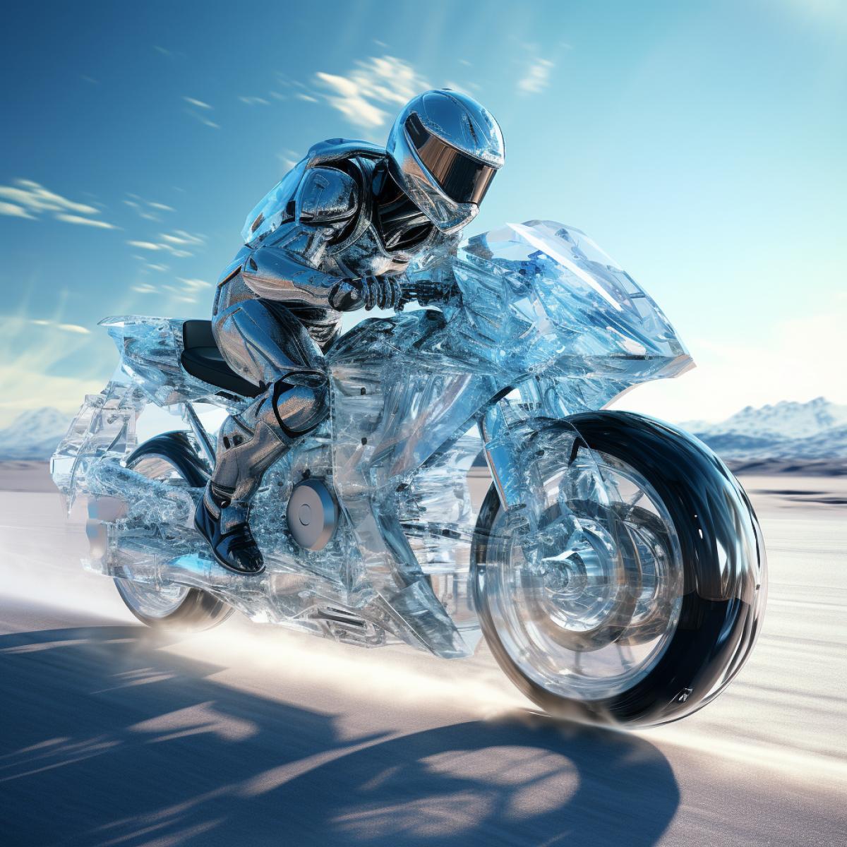 Racer on a crystal transparent motorcycle, street, 8k