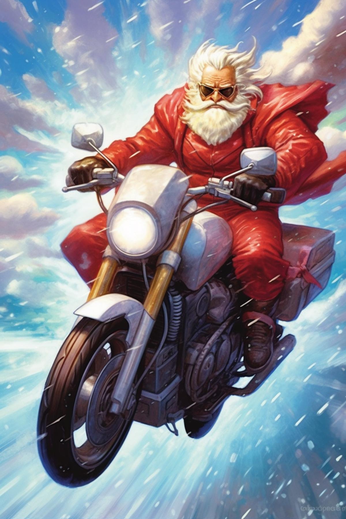 Santa Claus flies through the winter sky on a red motorcycle with gifts