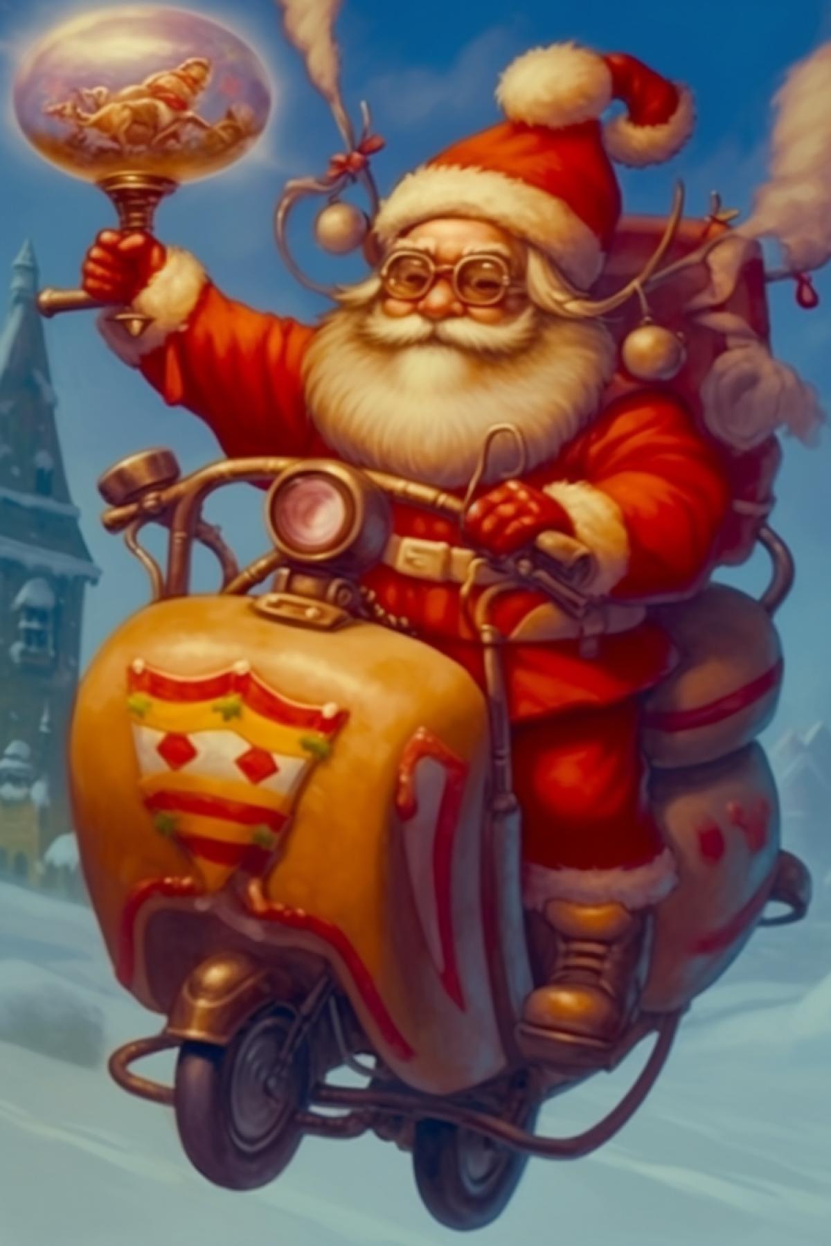 Santa Claus flies through the winter sky on a red motorcycle with gifts