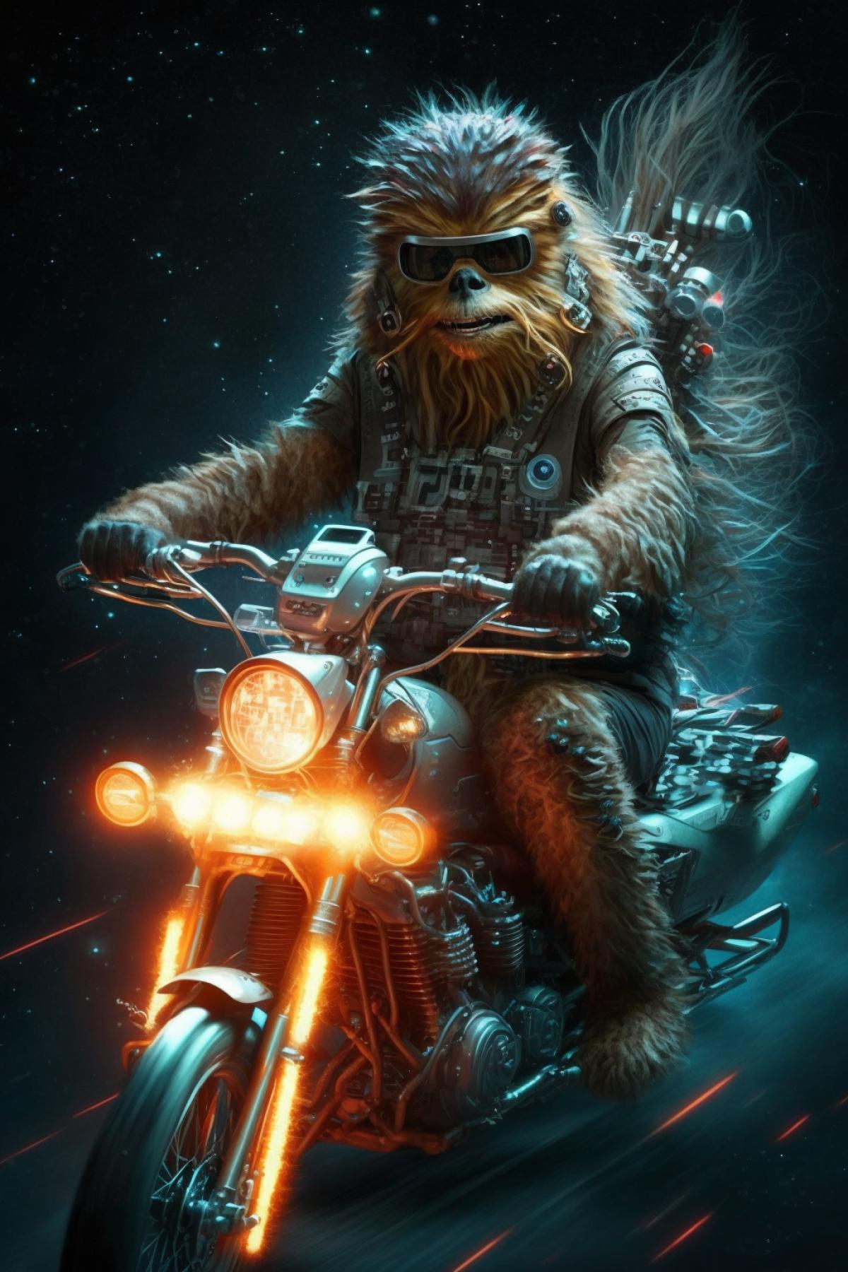 Chewbacca Chewie fully armed on an archaic motorcycle in outer space, Star Wars universe
