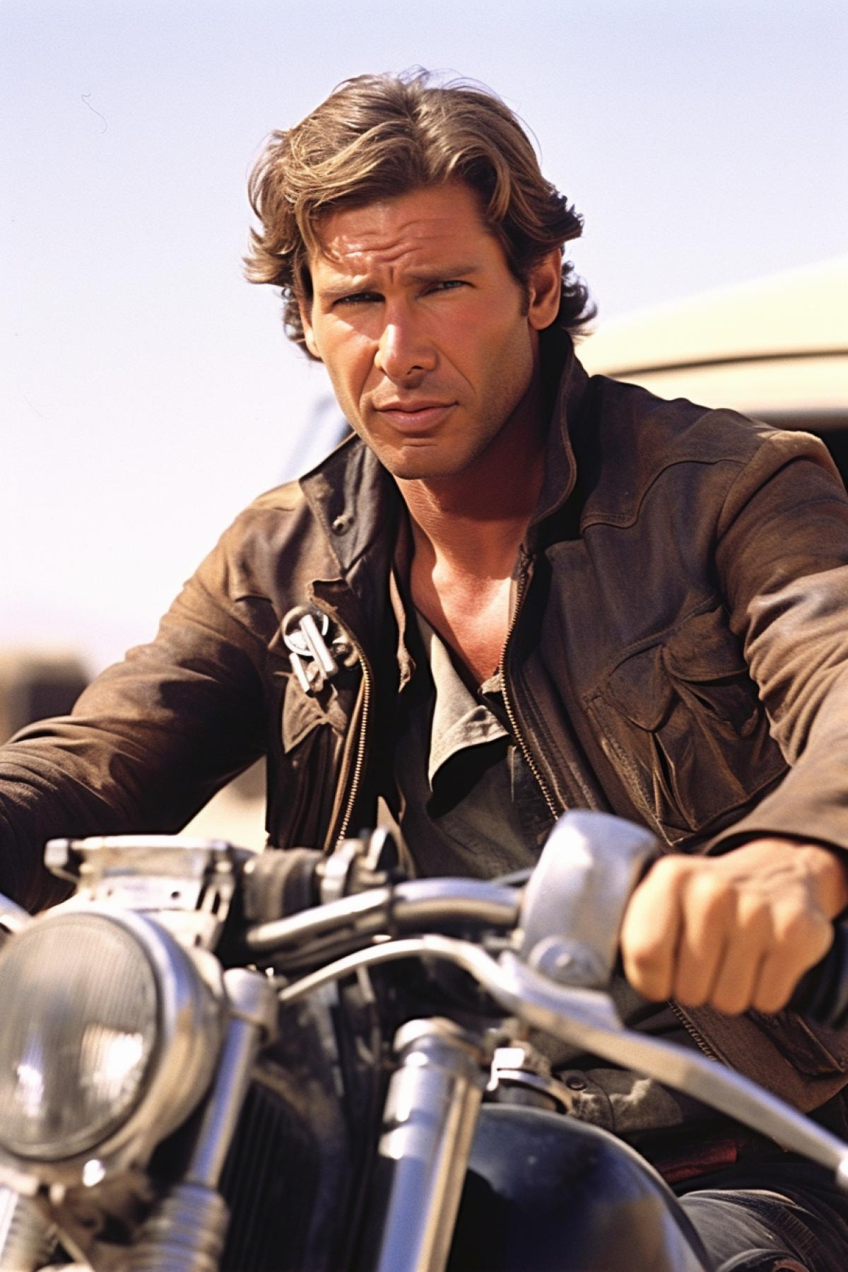 Han Solo (young Harrison Ford) on a motorcycle of the future, Star Wars universe, space