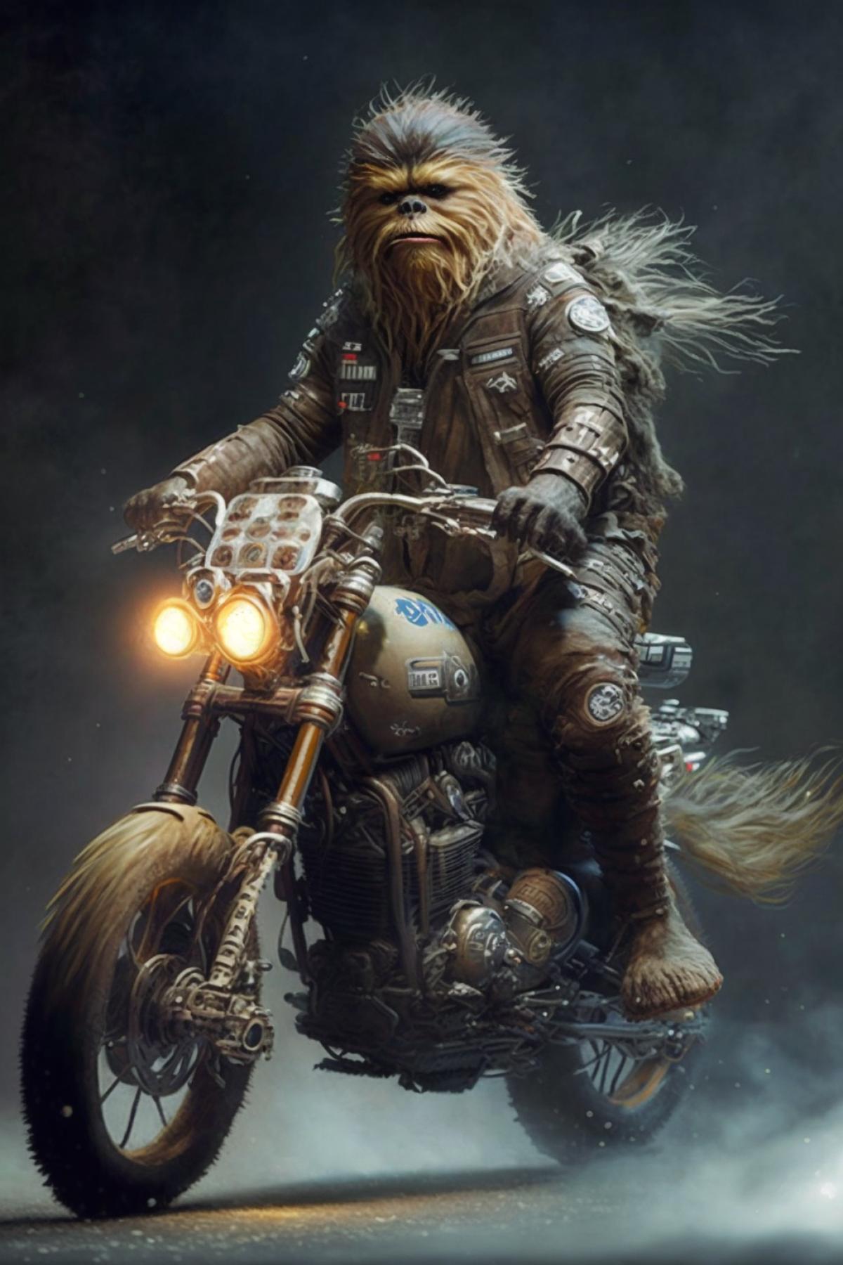 Chewbacca Chewie fully armed on an archaic motorcycle in outer space, Star Wars universe