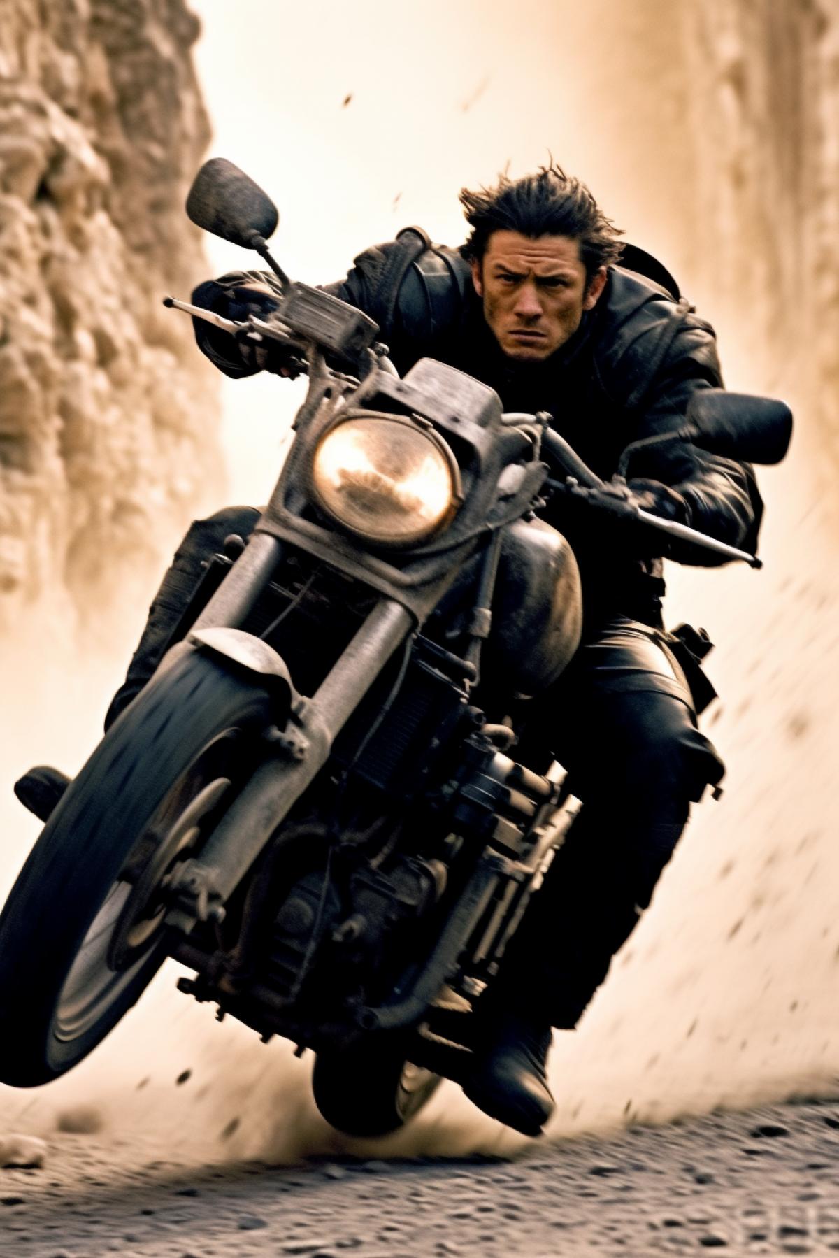 The protagonist on a Suzuki Ninja motorcycle leaves the chase, shooting over his shoulder from an automatic rifle, a frame from the film, maximum details, stones and dust from under the wheels, cartridge cases from a machine gun, full quality.