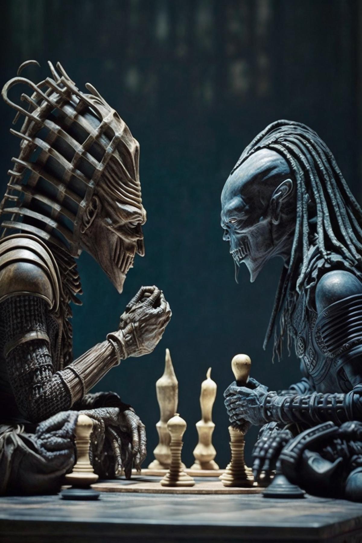 Alien and predator play chess. Chess pieces made from human heads.