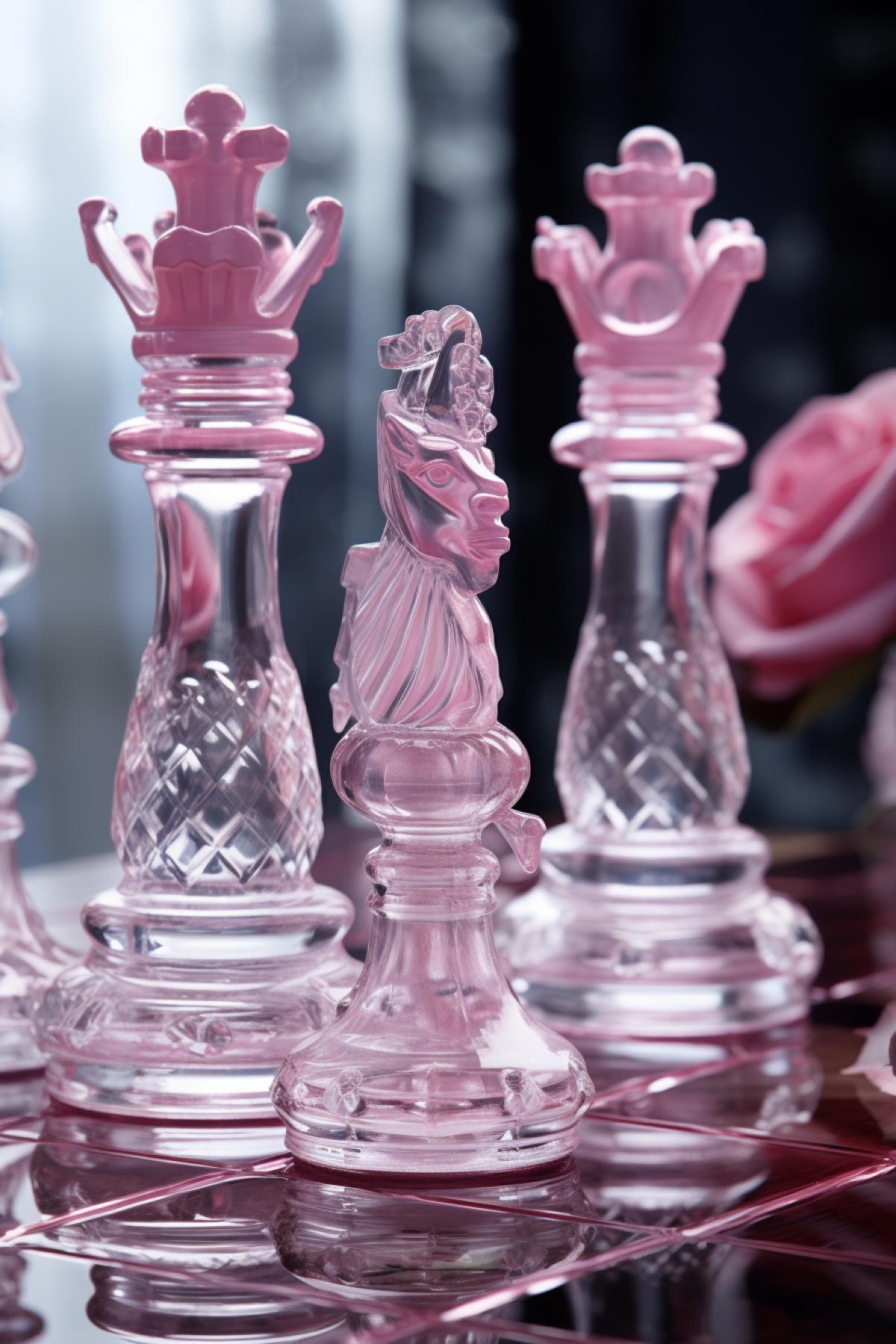 gltransparent chess figures, with water drops and pink frozen roses, highly detailed, realistic