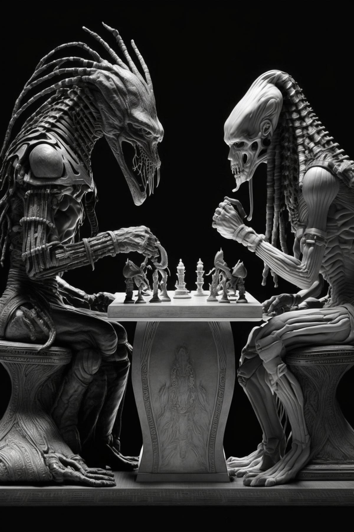 Xenomorph and predator are playing chess. Chess pieces made from human heads.