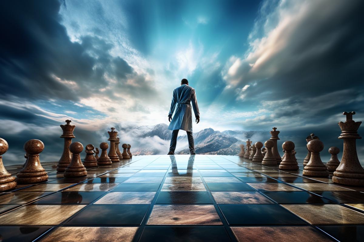 the mighty chess piece ventures in a quest with sword in hand, illustrative, colorful, fantasy landscape, wide angle view, whimsical, hyper surrealism, full action shot ,hyper realistic render, Photorealism, dynamic light, filmic color management, cinematic camera, cinematic light, lie detector