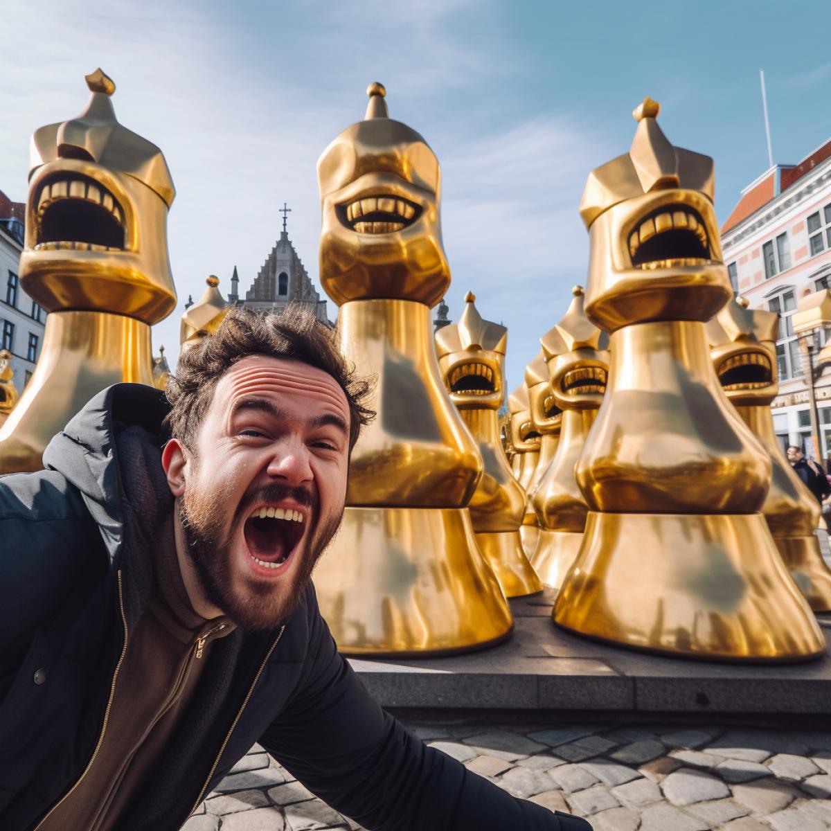 being attacked by a giant Golden chess pieces