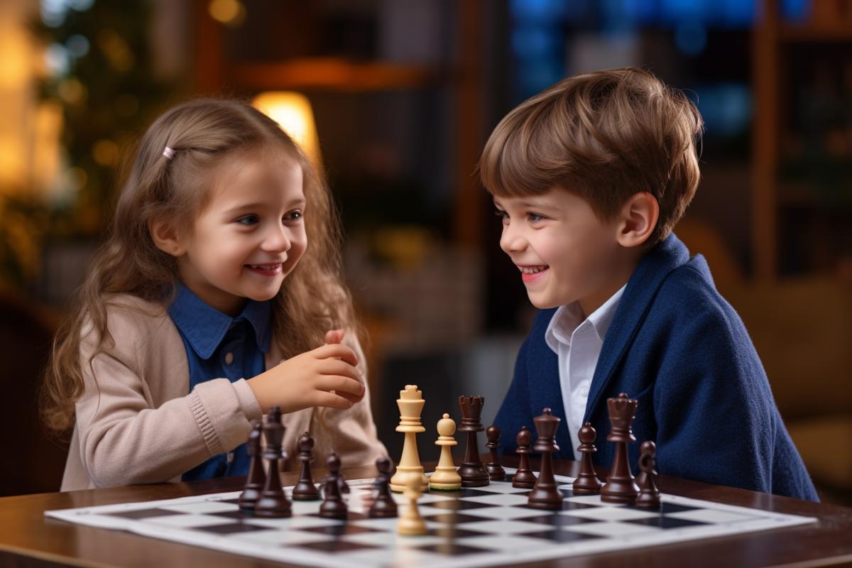 Two cute kids playing chess
