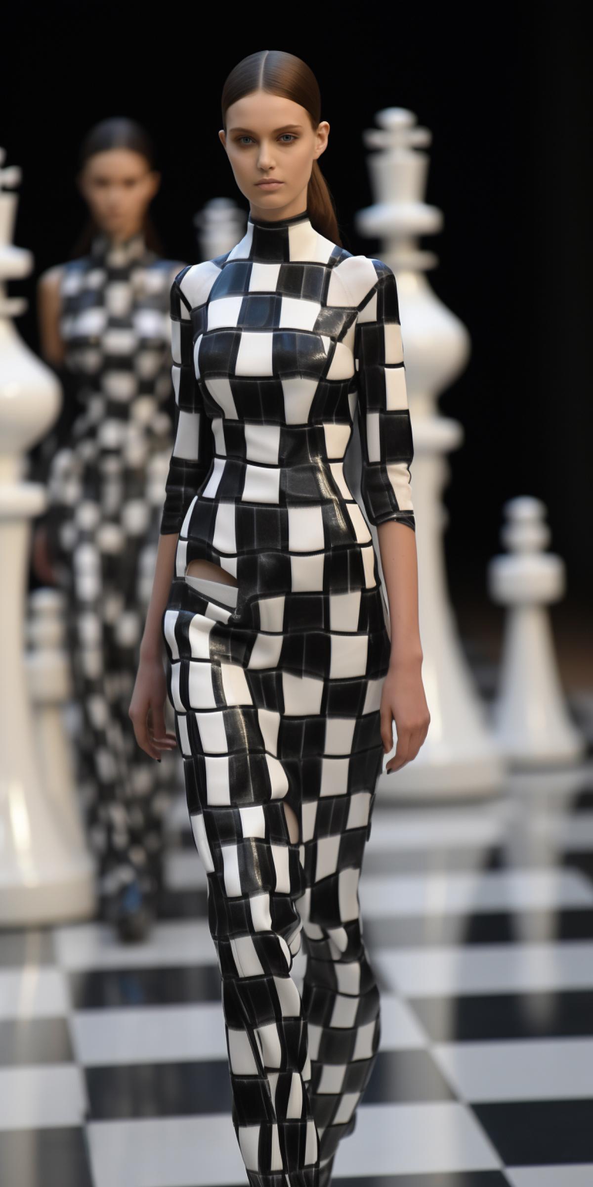 Fashion show, models in the form of chess pieces, haute couture