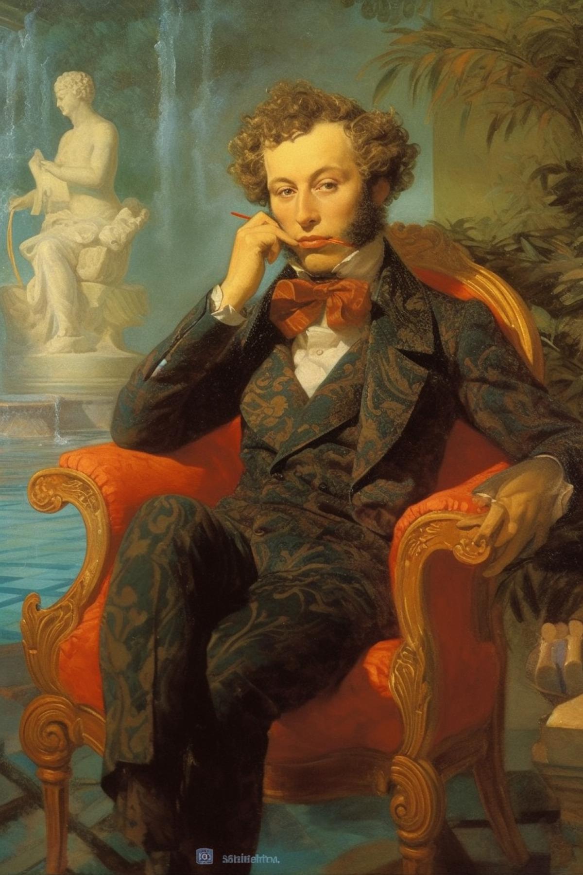 Anthropomorphic Pushkin with a haughty look smokes a cigar, sitting imposingly in an armchair near the pool