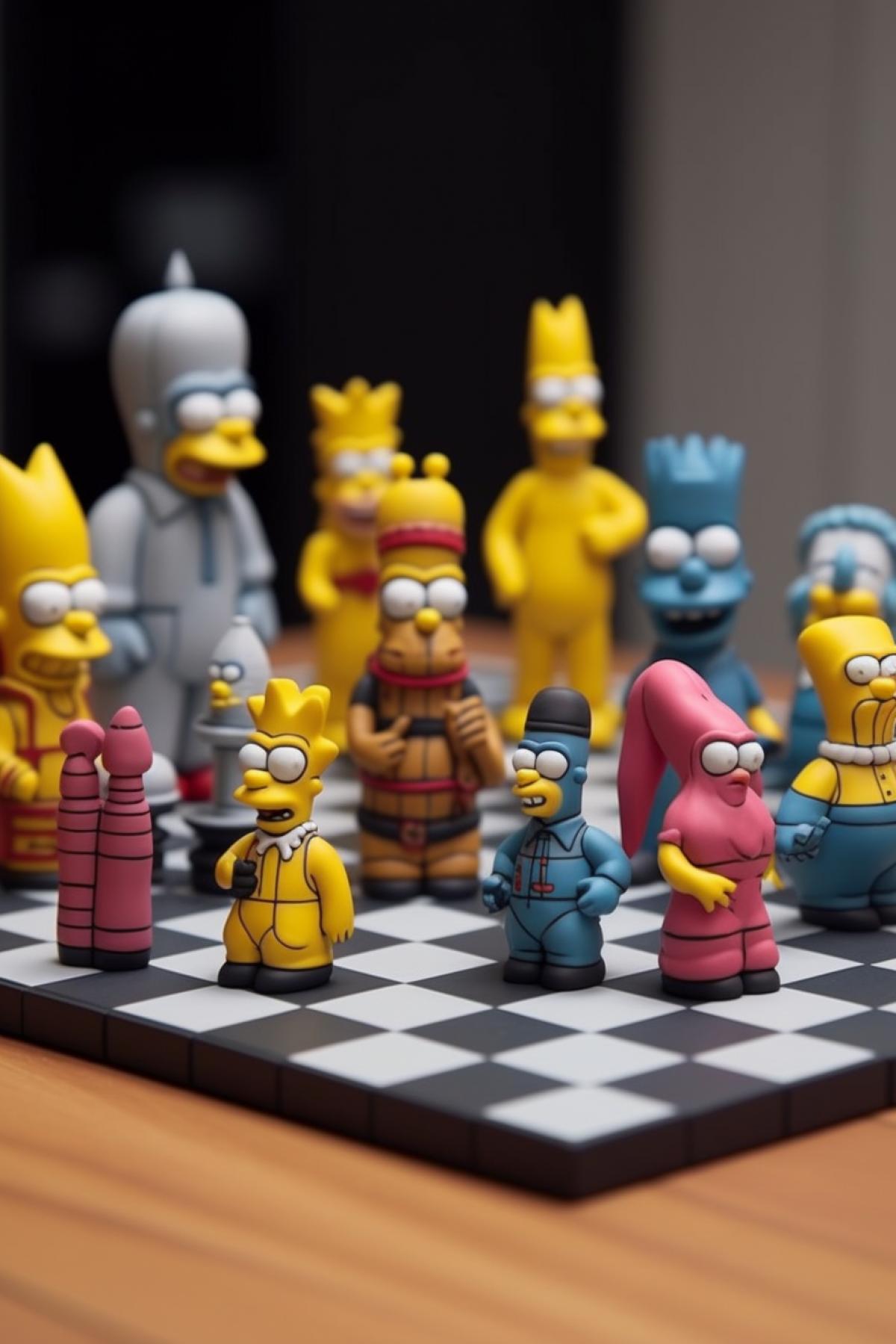 chess board and chess pieces in the form of Simpsons characters