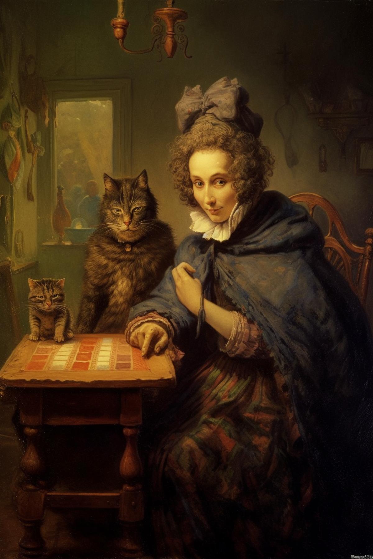 Old Pushkin and old Natalya Goncharova are sitting at the table and playing chess, there is a chessboard and chess on the table, a cuckoo clock is on the wall nearby, in a dilapidated wooden house, on the floor a dark cat is drinking milk from a bowl