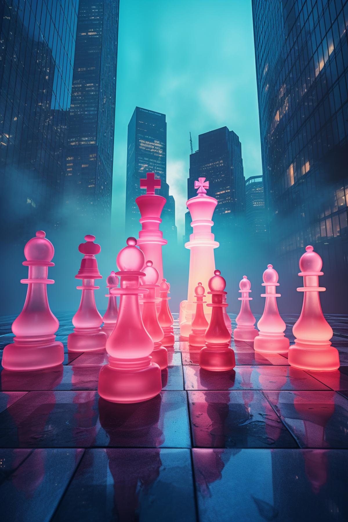 futurist giant chess by kaia paulsson, in the style of neon colors, misty atmosphere, vancouver school, light red and yellow, crossed colors, photorealistic representation, japanese photography