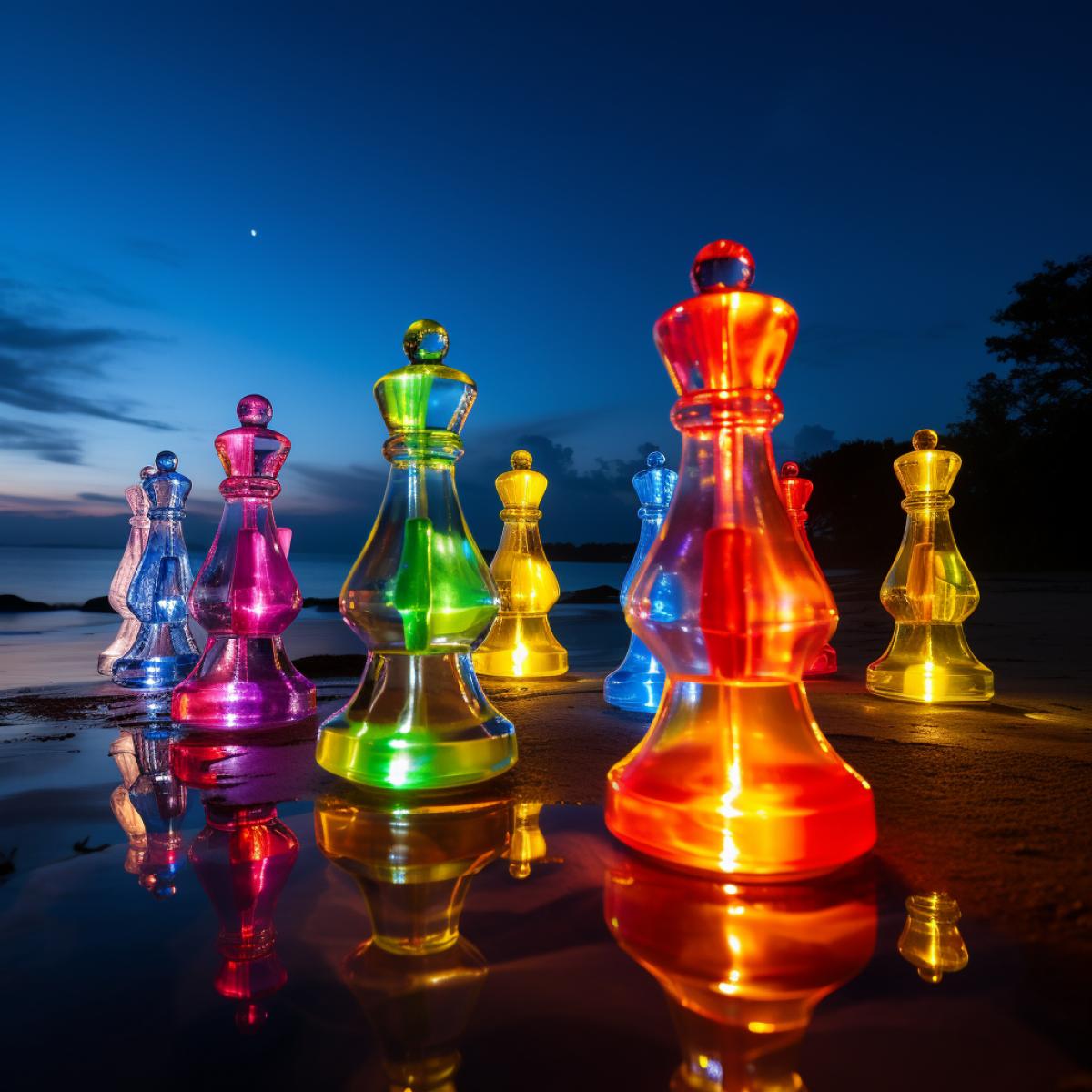 At night, neon, beautiful, colorful, yellow, pink, green, red, white, blue, purple and transparent large chessmen stand on the beach, crystal clear, smooth and reflective, emitting their own special luster. The depth of field, Thailands beach, beautiful butterflies, ultra wide angle high-definition, 16K, the scenery is intoxicating