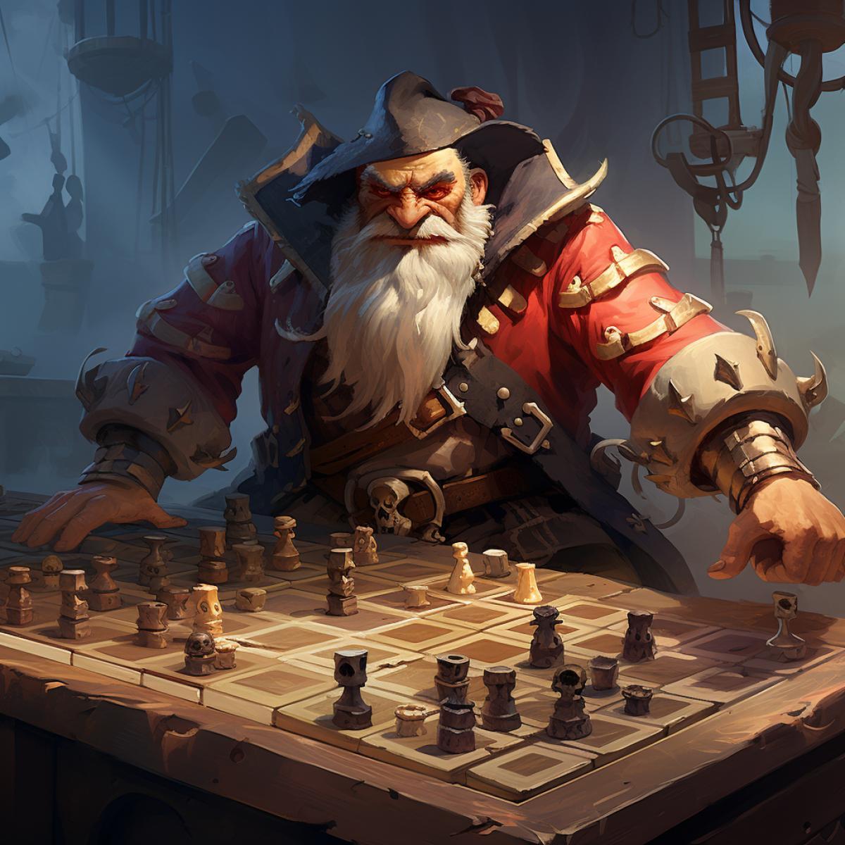 Pirate Grandmaster: A fearsome pirate with a hook instead of one arm. He plays on a painted chessboard, and his pieces can be stylized as pirate artifacts.