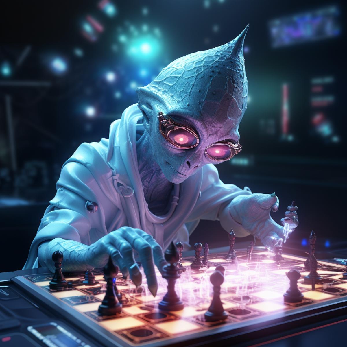 An eccentric alien with antennas on his head plays chess, uses glowing stones instead of pieces. His moves can leave a glow on the board