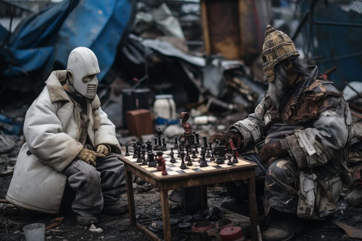 Chess players who survived the global catastrophe, dressed in armor fragments, play chess. the board is made of metal plates, and the figures are made of debris