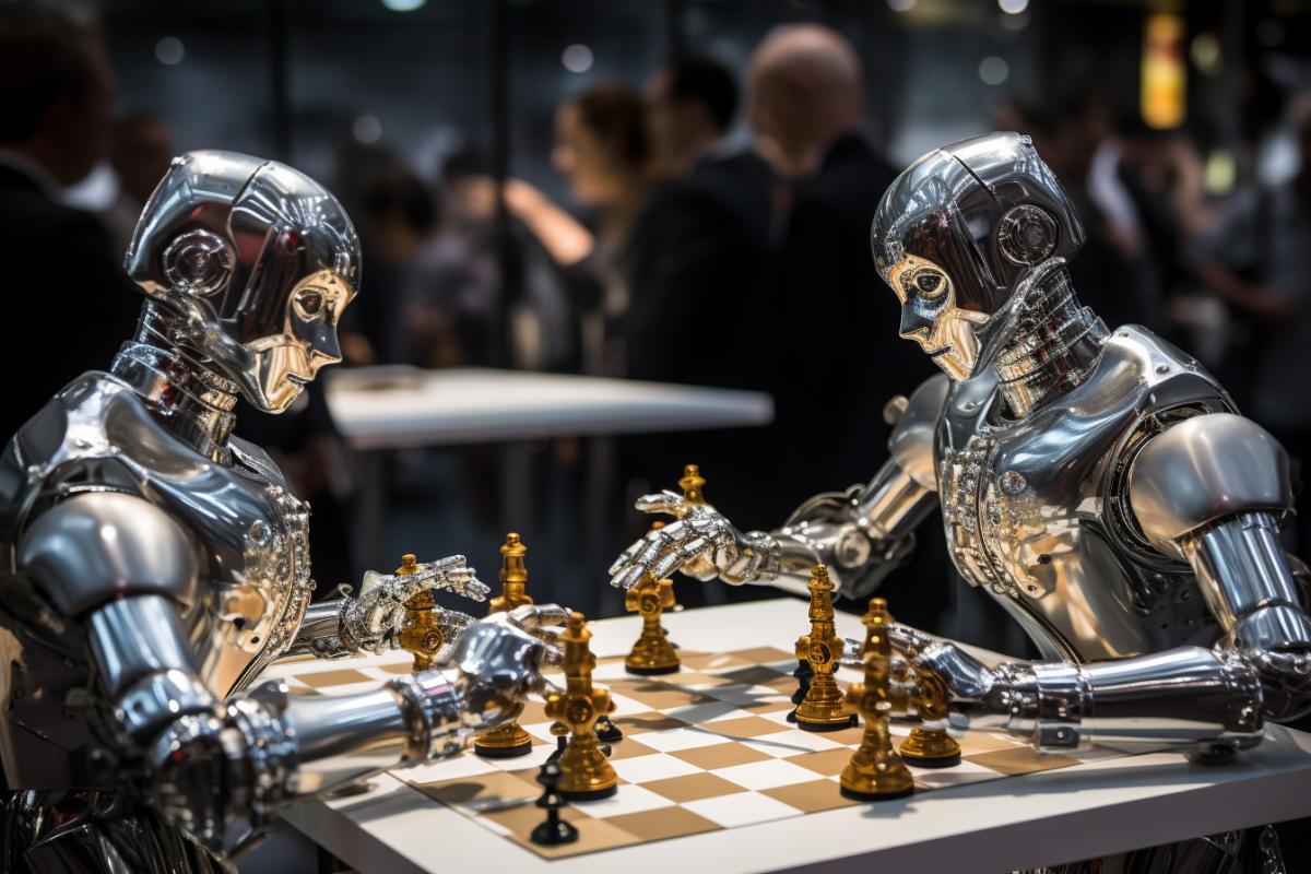 Robot chess players play chess. Their heads rotate, arms and fingers flex to make moves. The robots are adorned with sparkling metal details.