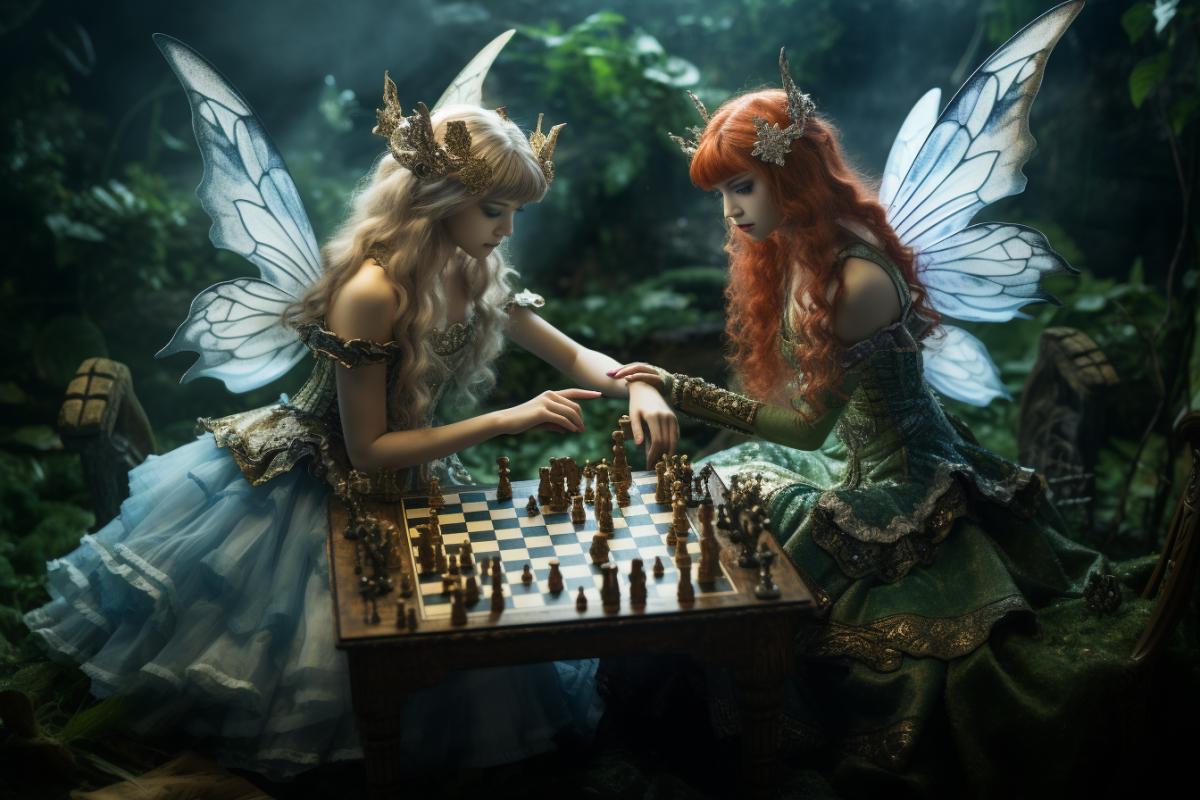 Fairies with wings play chess on a cloudy chessboard, where the pieces take on the appearance of fairy-tale creatures.