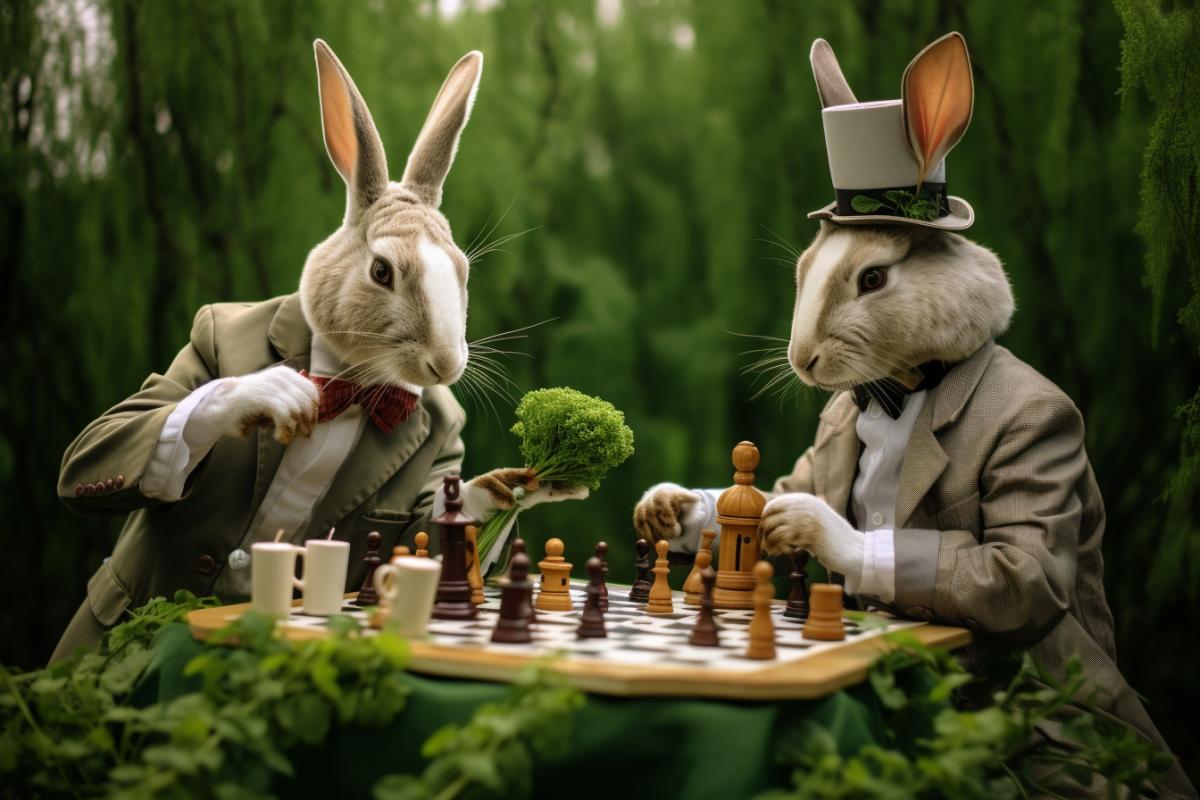 Rabbits-chess players with magnificent bandages on their ears play chess on the fields of lush grass, Figures are stylized as vegetables