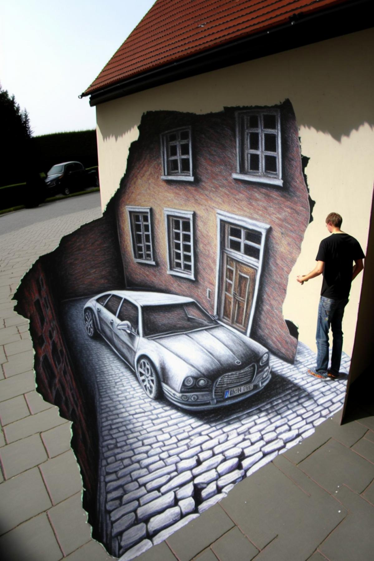 The best 3D drawing on the street wall of the house. real photo.