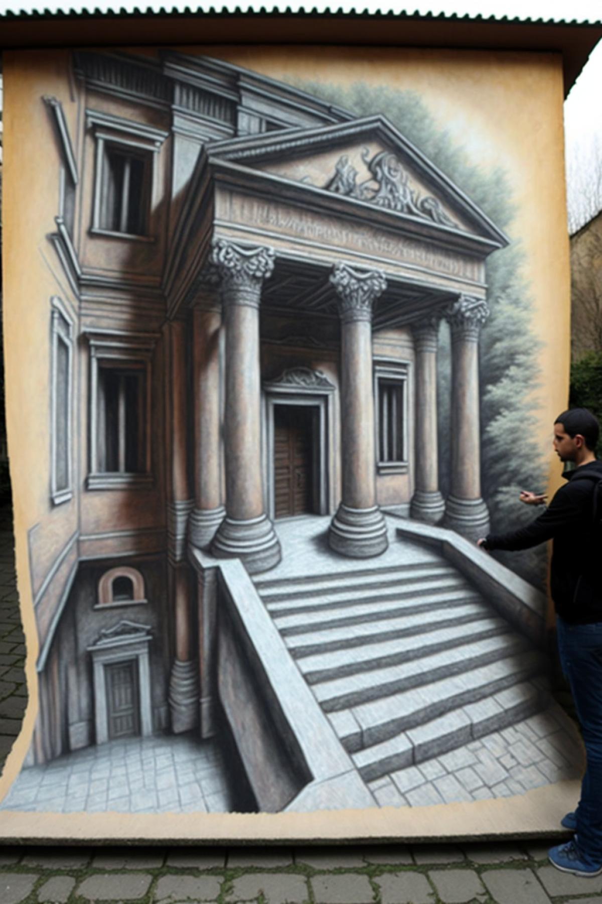 The best 3D drawing on the street wall of the house. real photo.