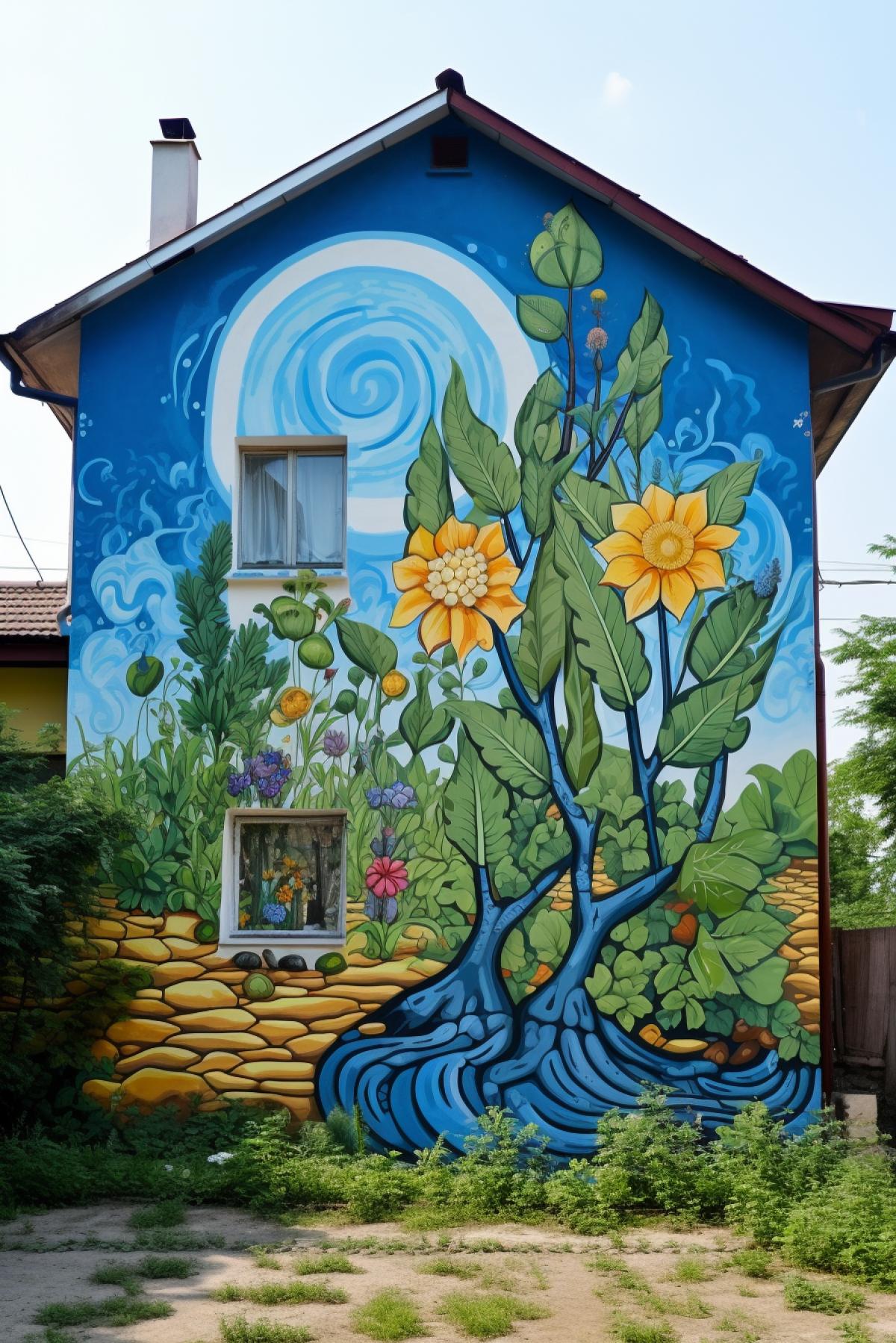 Mural on an ecological theme on the wall of the house