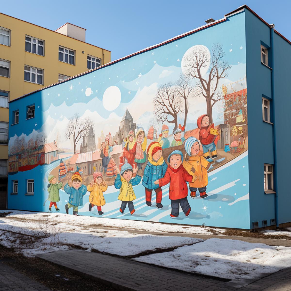 Mural about the protection of children on the wall of the building