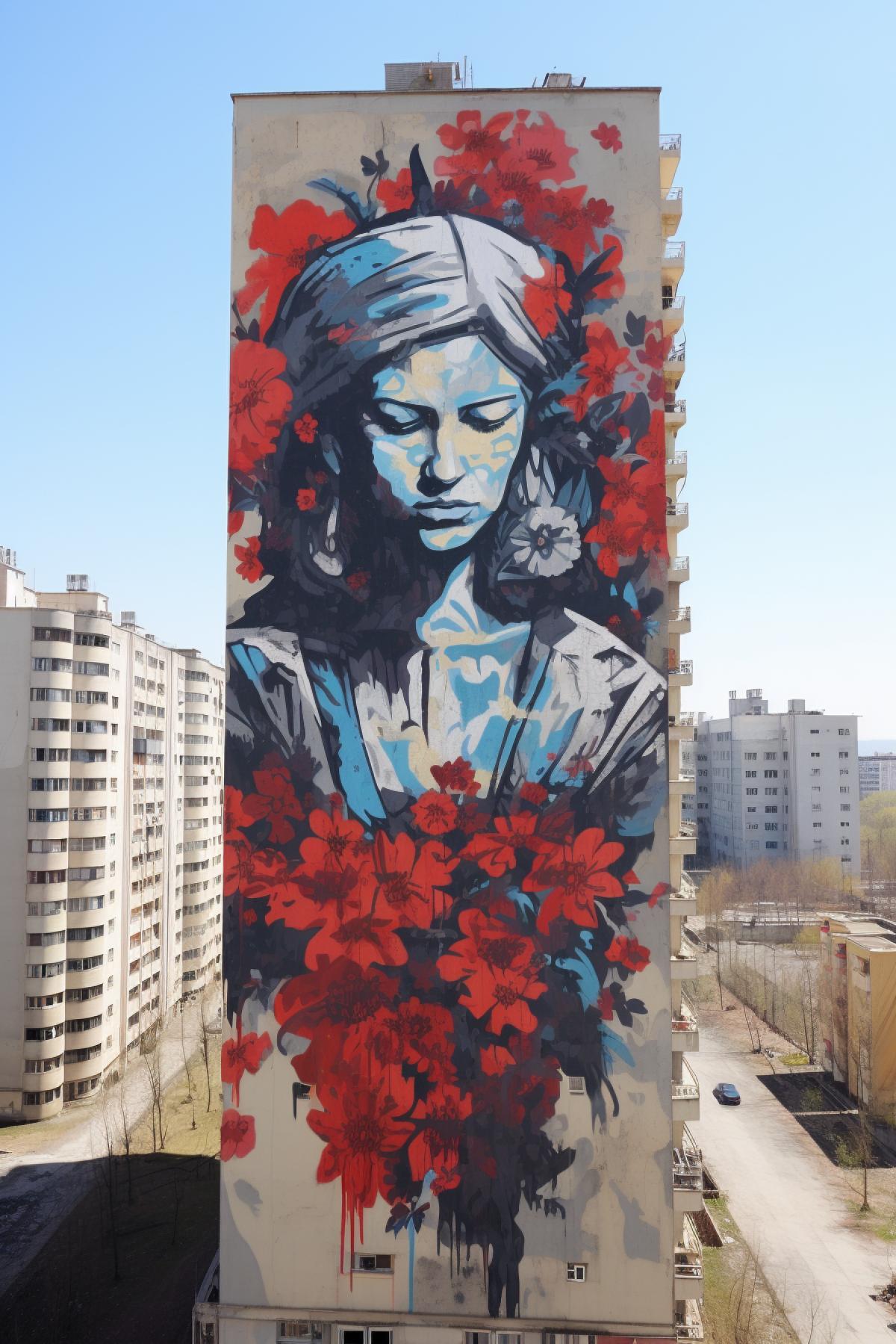 Anti-war mural on the wall of a tall building