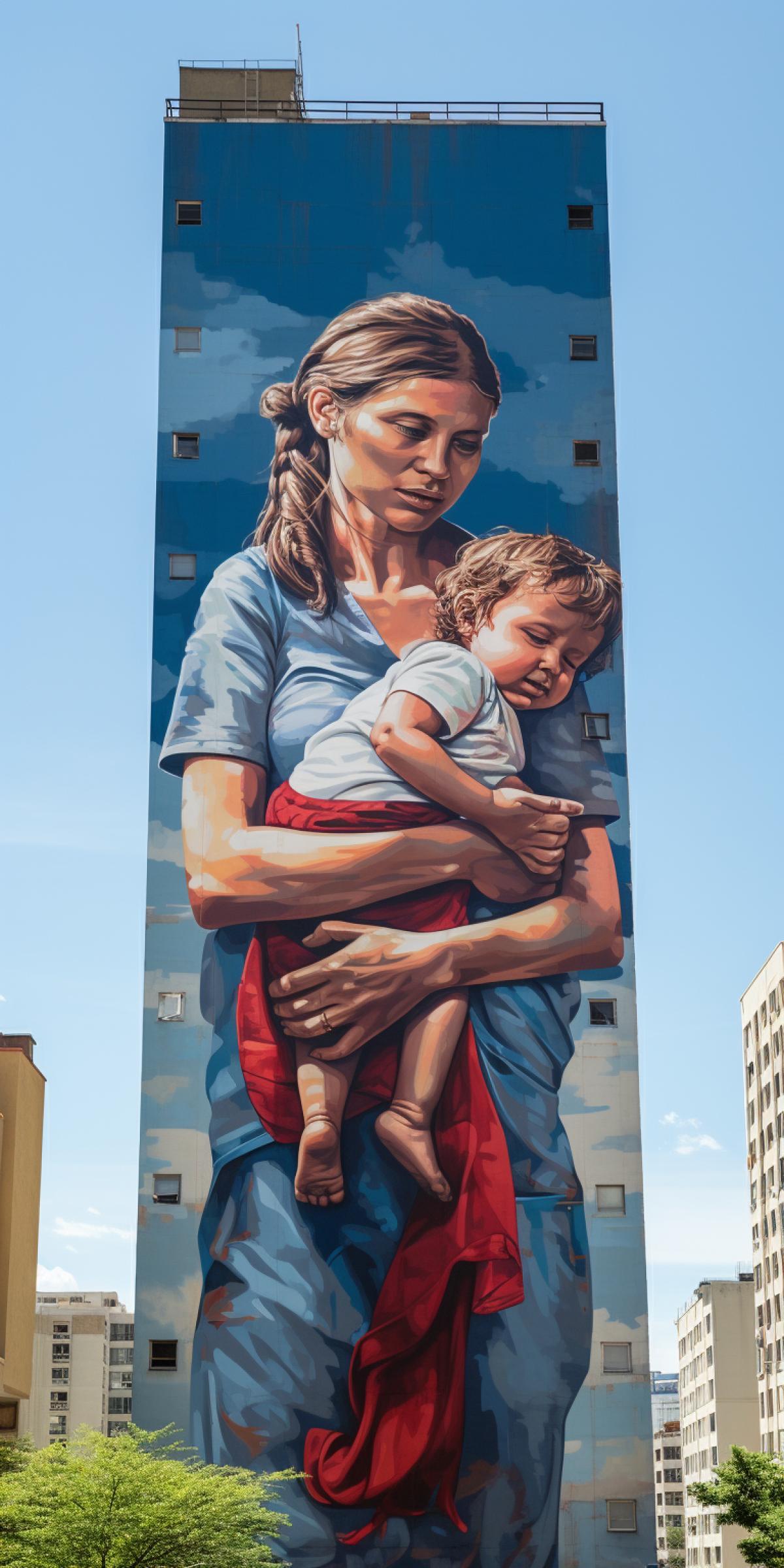 mural mother and child on the wall of a tall building