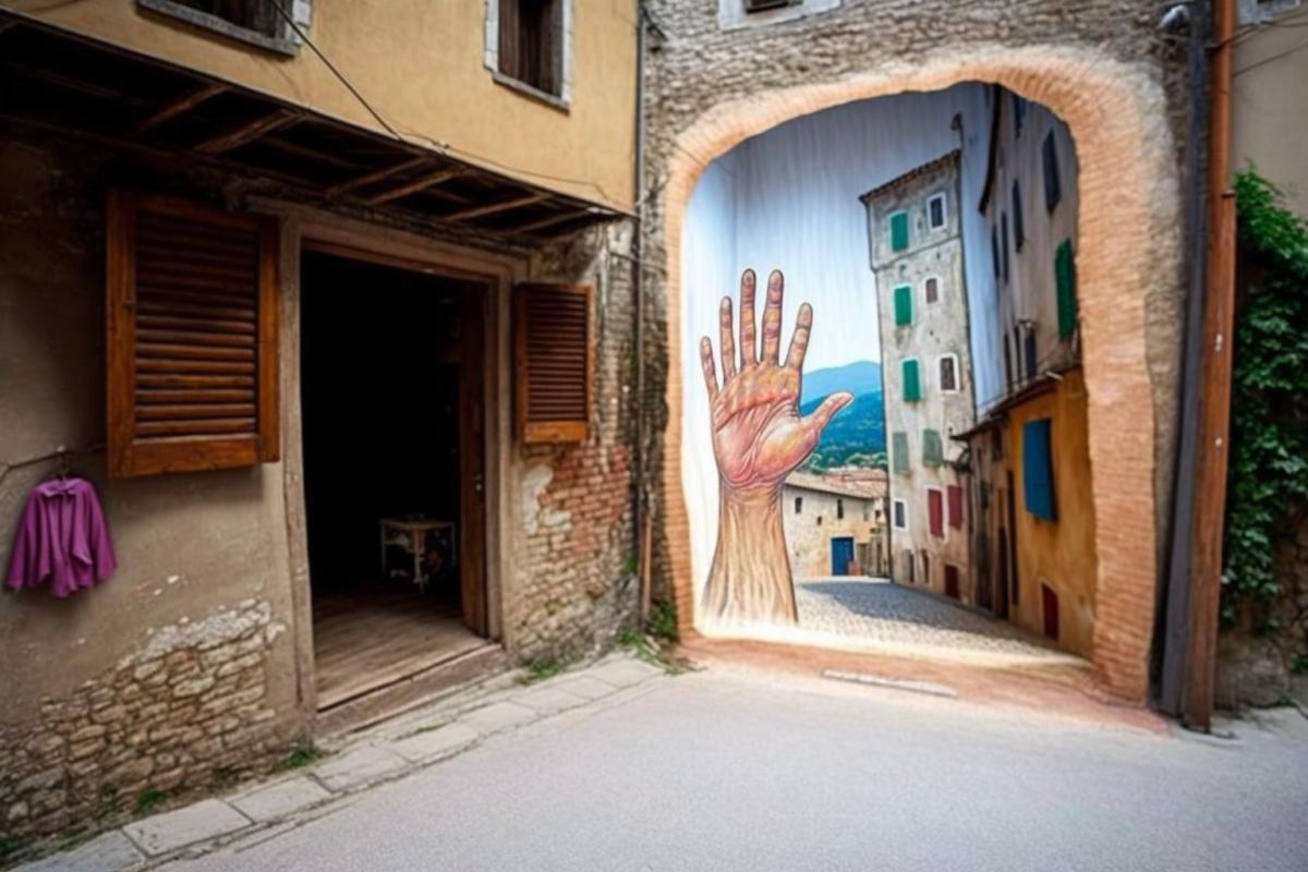 Street art floating finger through the village