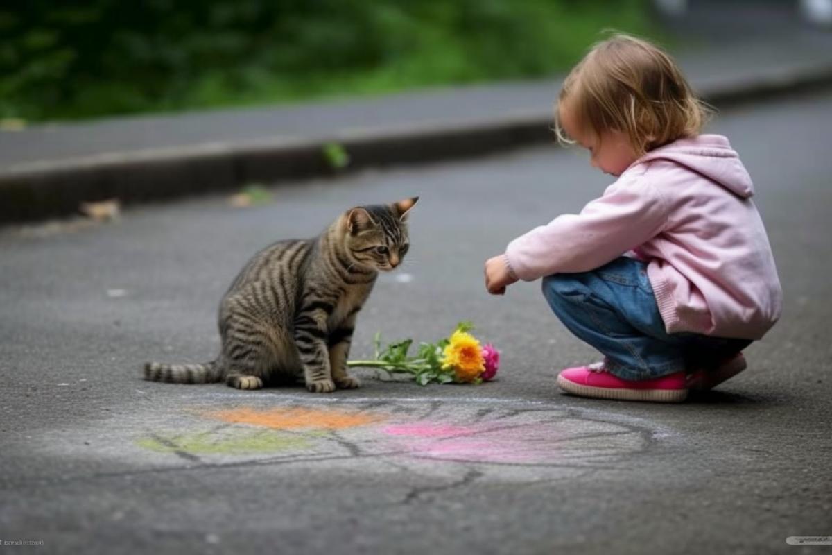 little girl drawing with chalk on asphalt, flowers, cat, chalk drawing, street art
