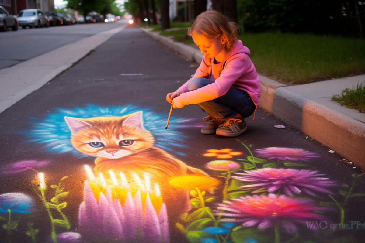 little girl drawing with chalk on asphalt, flowers, cat, chalk drawing, street art