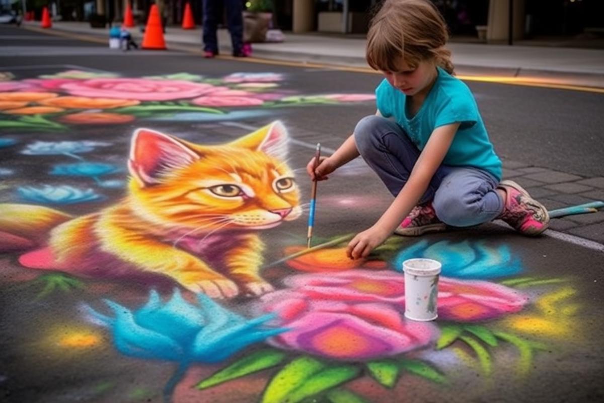 little girl drawing with chalk on asphalt, flowers, cat, chalk drawing, street art