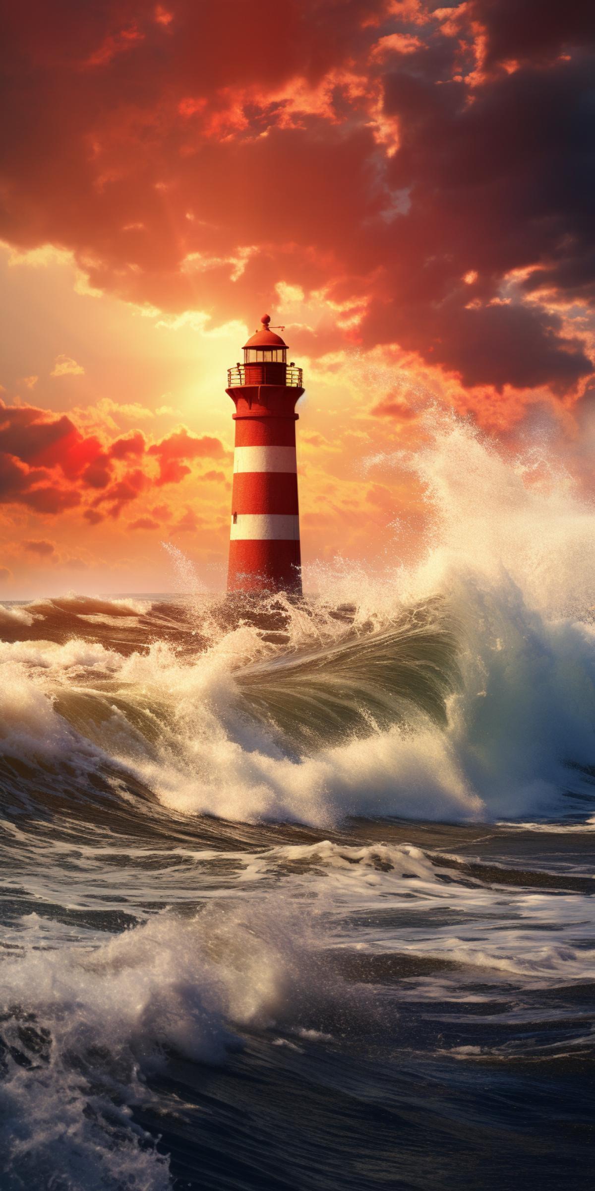 Red-striped lighthouse at dawn, photo flooded with sunlight, lots of glare, foamy waves, splashes in the air, incredible beauty, high resolution
