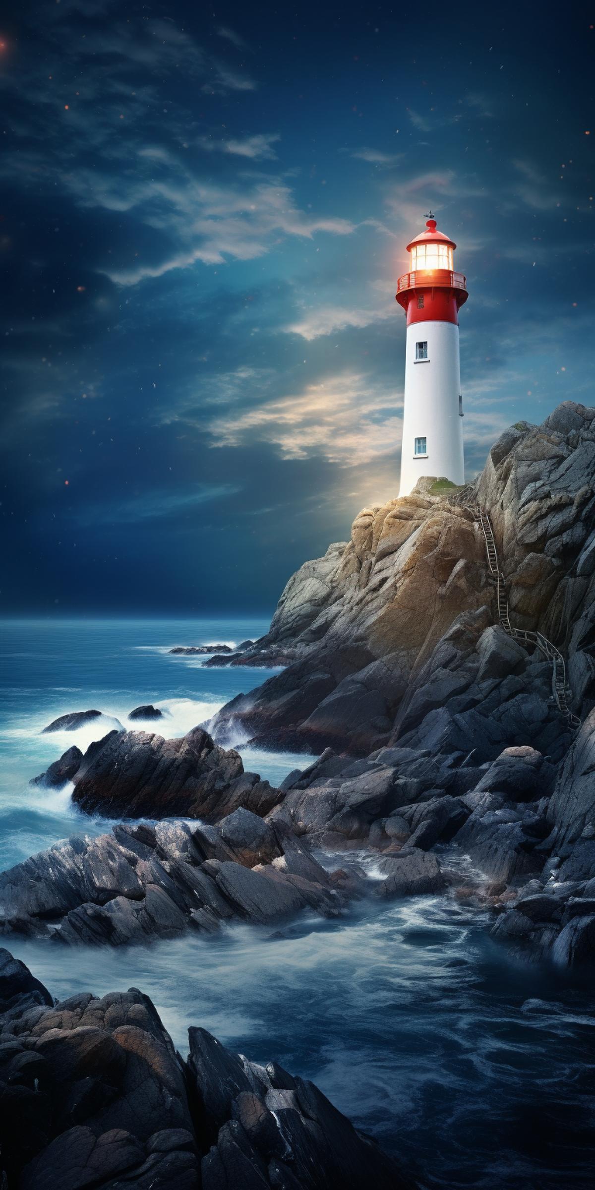 Lighted lighthouse standing on the edge of a high cliff, bright starry night, high quality photo, 8k, cool color palette, peace, solemn atmosphere, calm sea