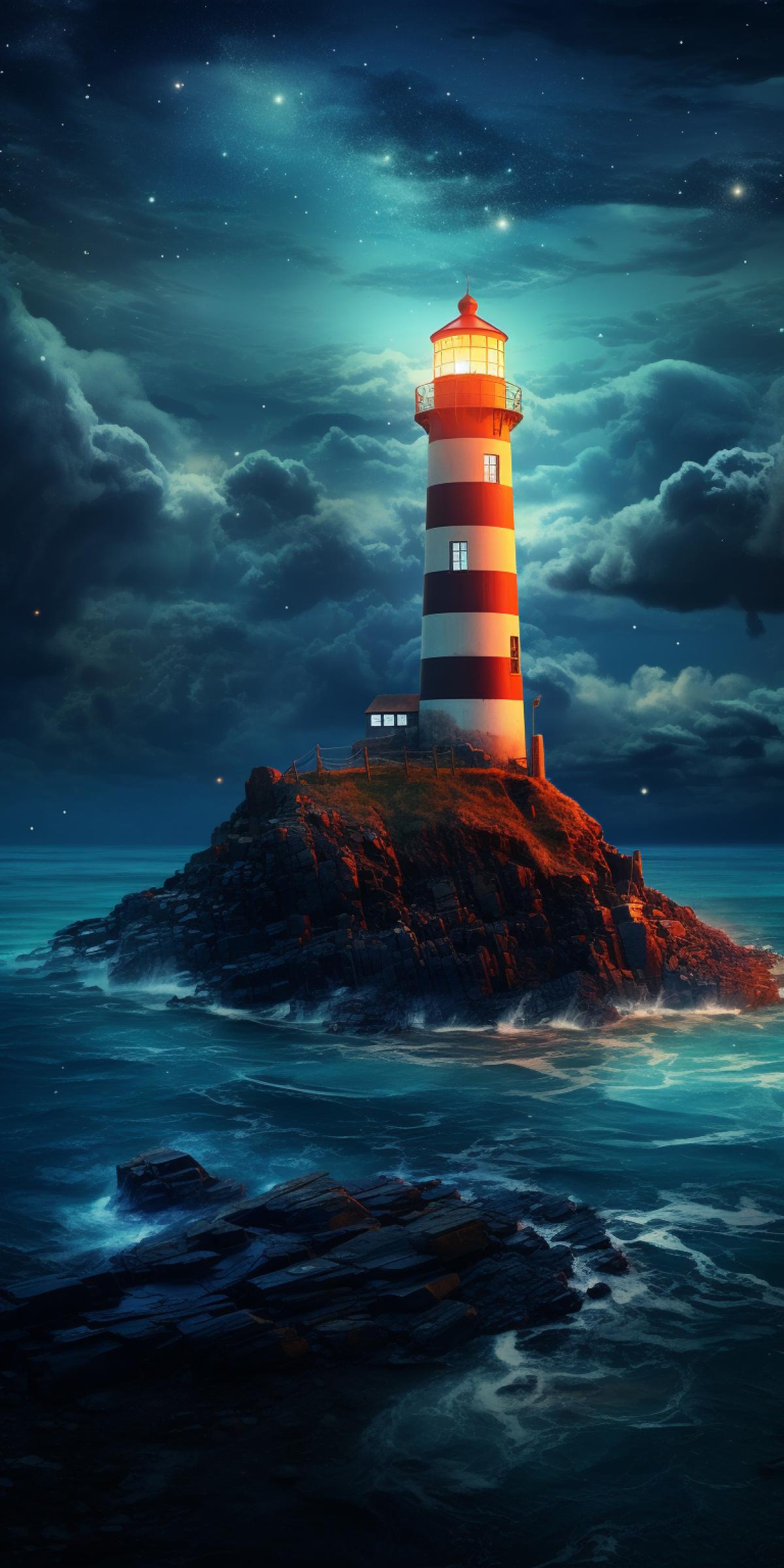 Lighted lighthouse standing on the edge of a high cliff, bright starry night, high quality photo, 8k, cool color palette, peace, solemn atmosphere, calm sea