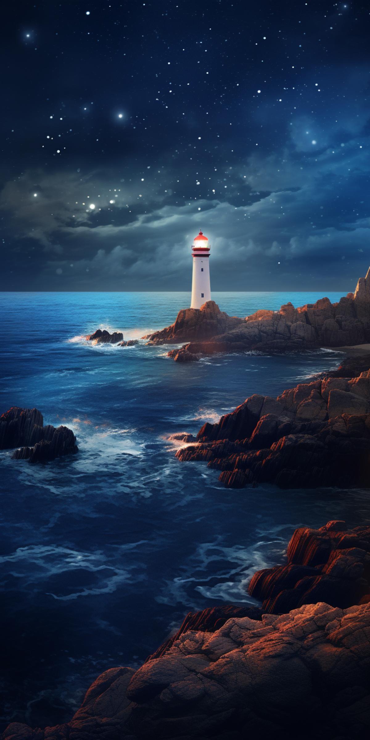 Lighted lighthouse standing on the edge of a high cliff, bright starry night, high quality photo, 8k, cool color palette, peace, solemn atmosphere, calm sea