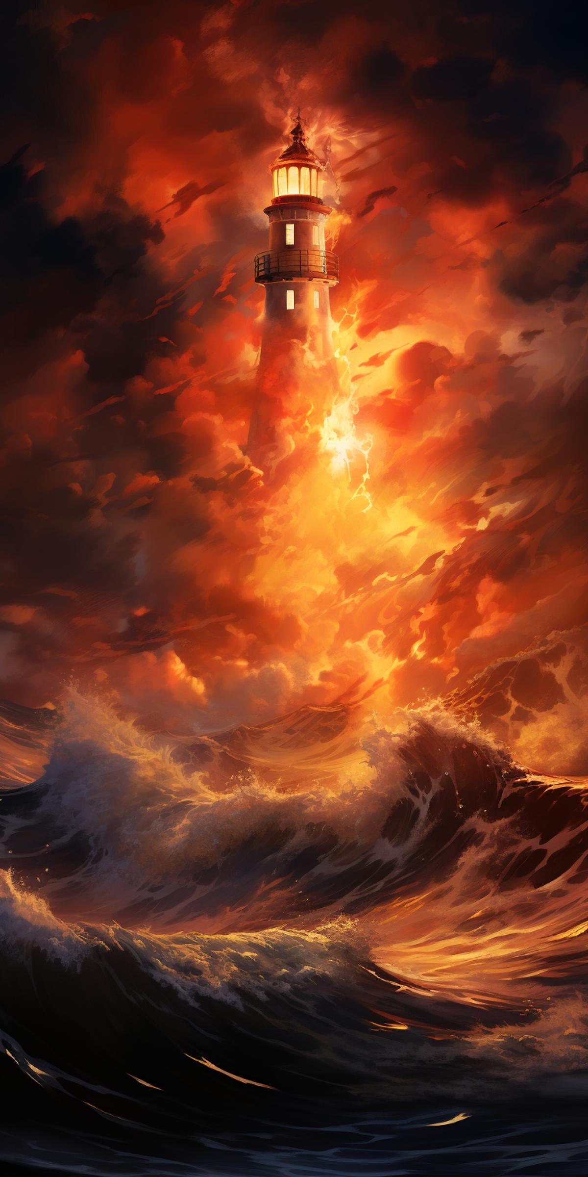 Tall white lighthouse in a sea of ​​fire