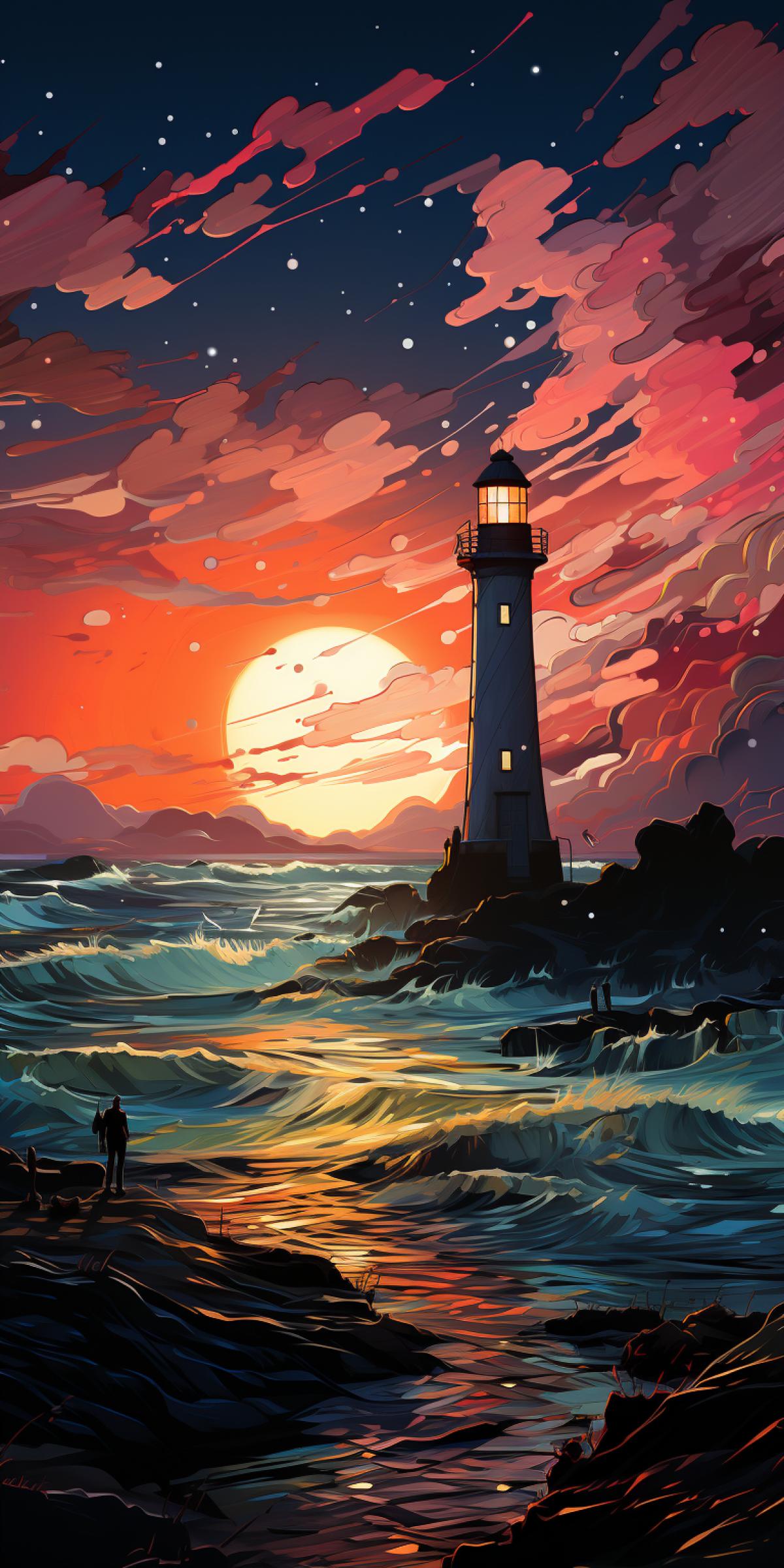 Pink lighthouse against a blue sky and falling stars, Van Gogh style